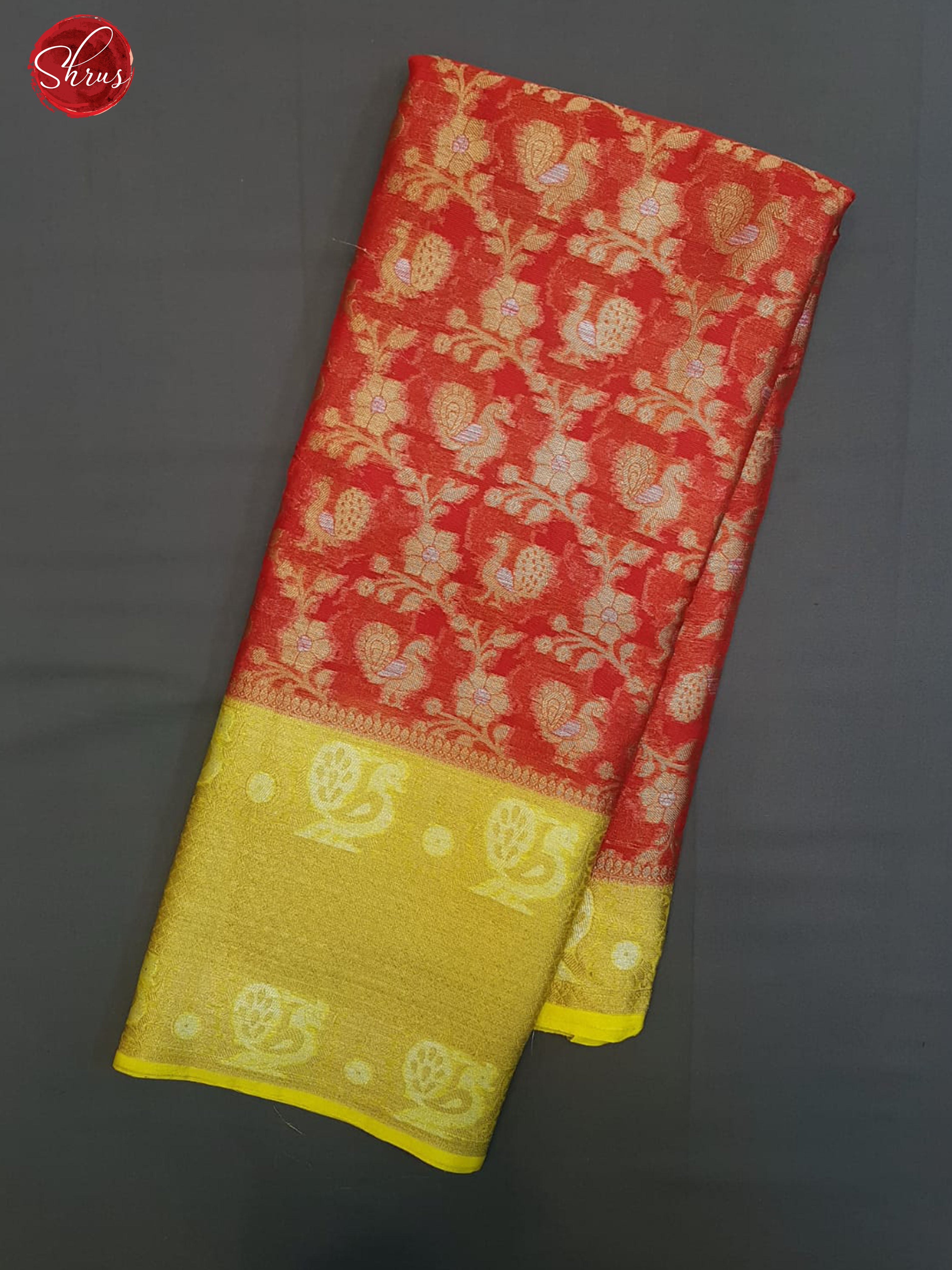Red & Yellow - Kota Banarasi with zari woven Peacock motifs  on the body & Contrast Zari Border - Shop on ShrusEternity.com