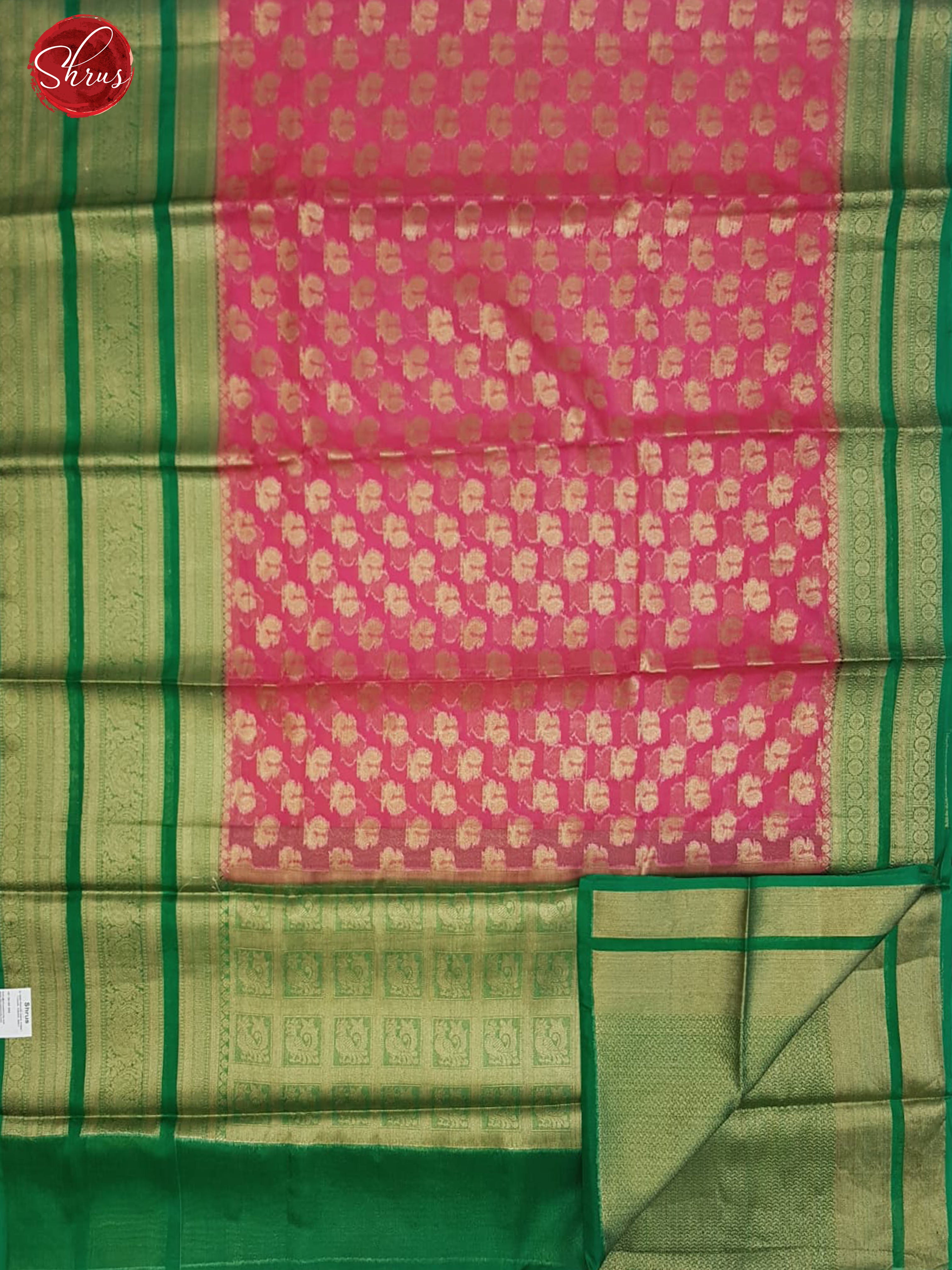 Pink &  Green -  Kota Banarasi with zari woven Peacock buttas on the body & Contrast Zari Border - Shop on ShrusEternity.com
