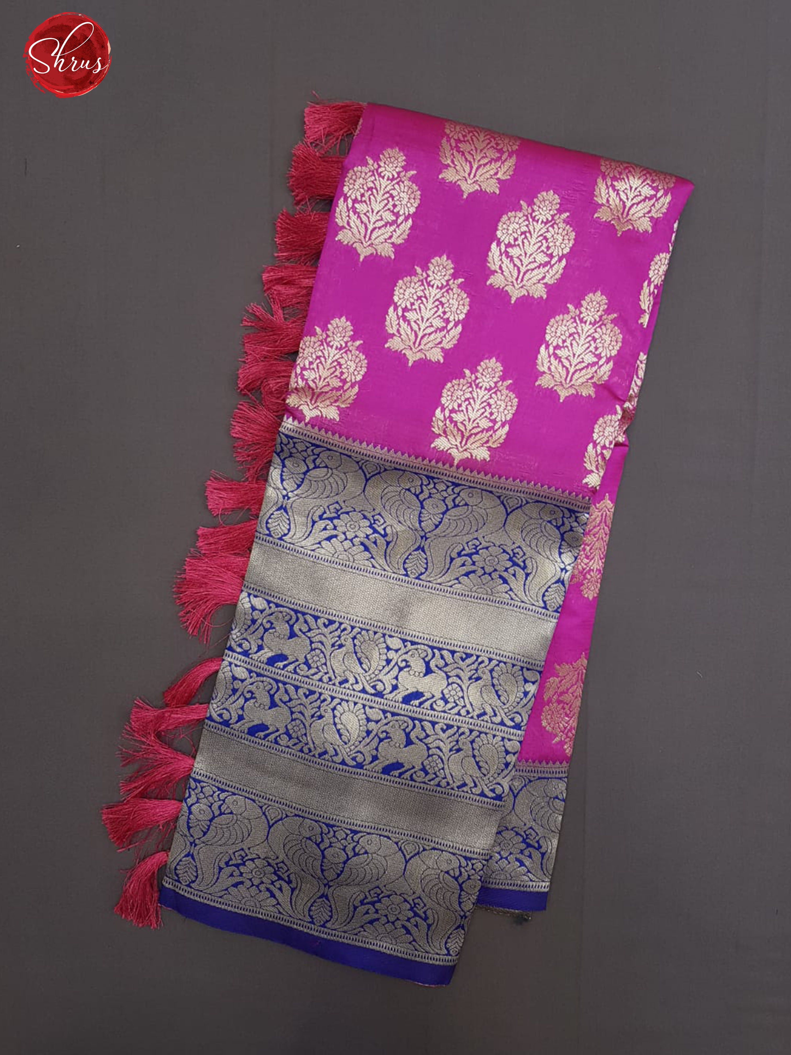 Pink & Blue - Semi Kanchipuram Silk with zari woven floral motifs on the zari border & Contrast Zari Border - Shop on ShrusEternity.com