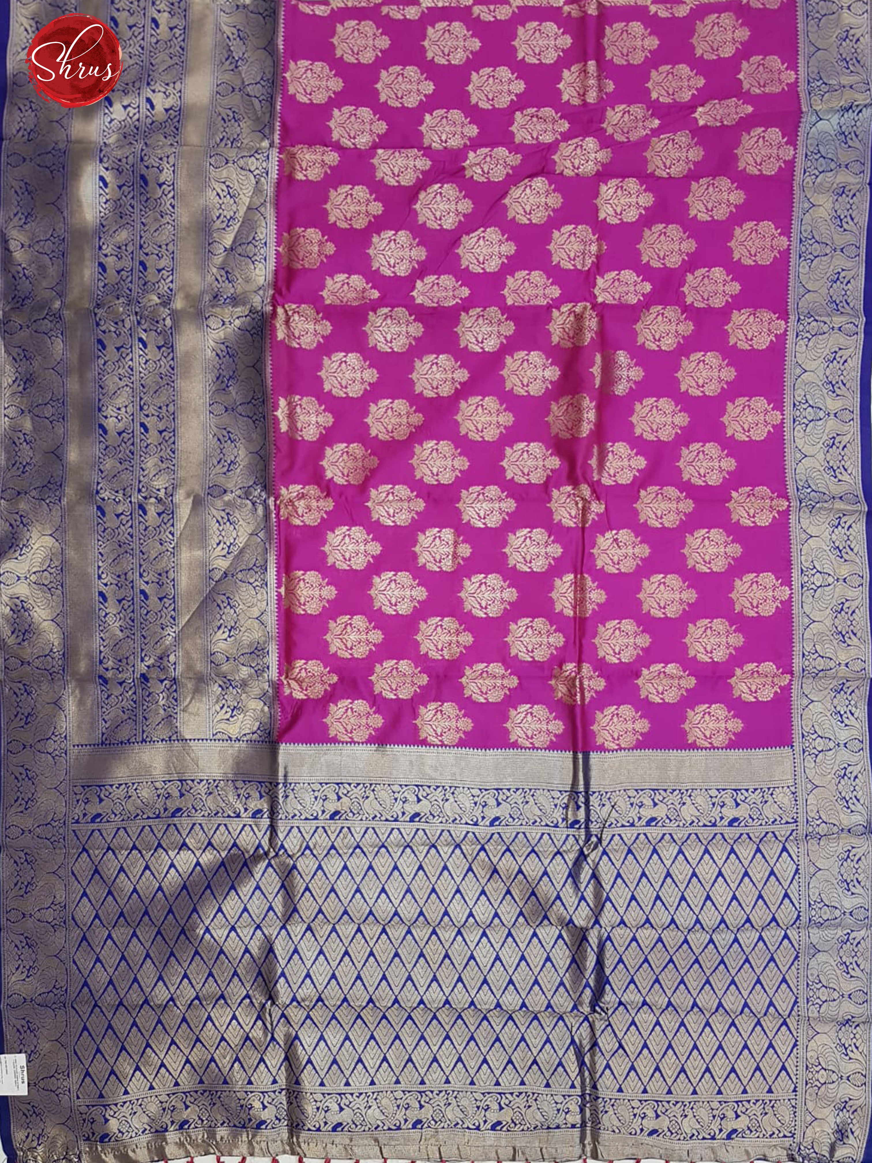 Pink & Blue - Semi Kanchipuram Silk with zari woven floral motifs on the zari border & Contrast Zari Border - Shop on ShrusEternity.com