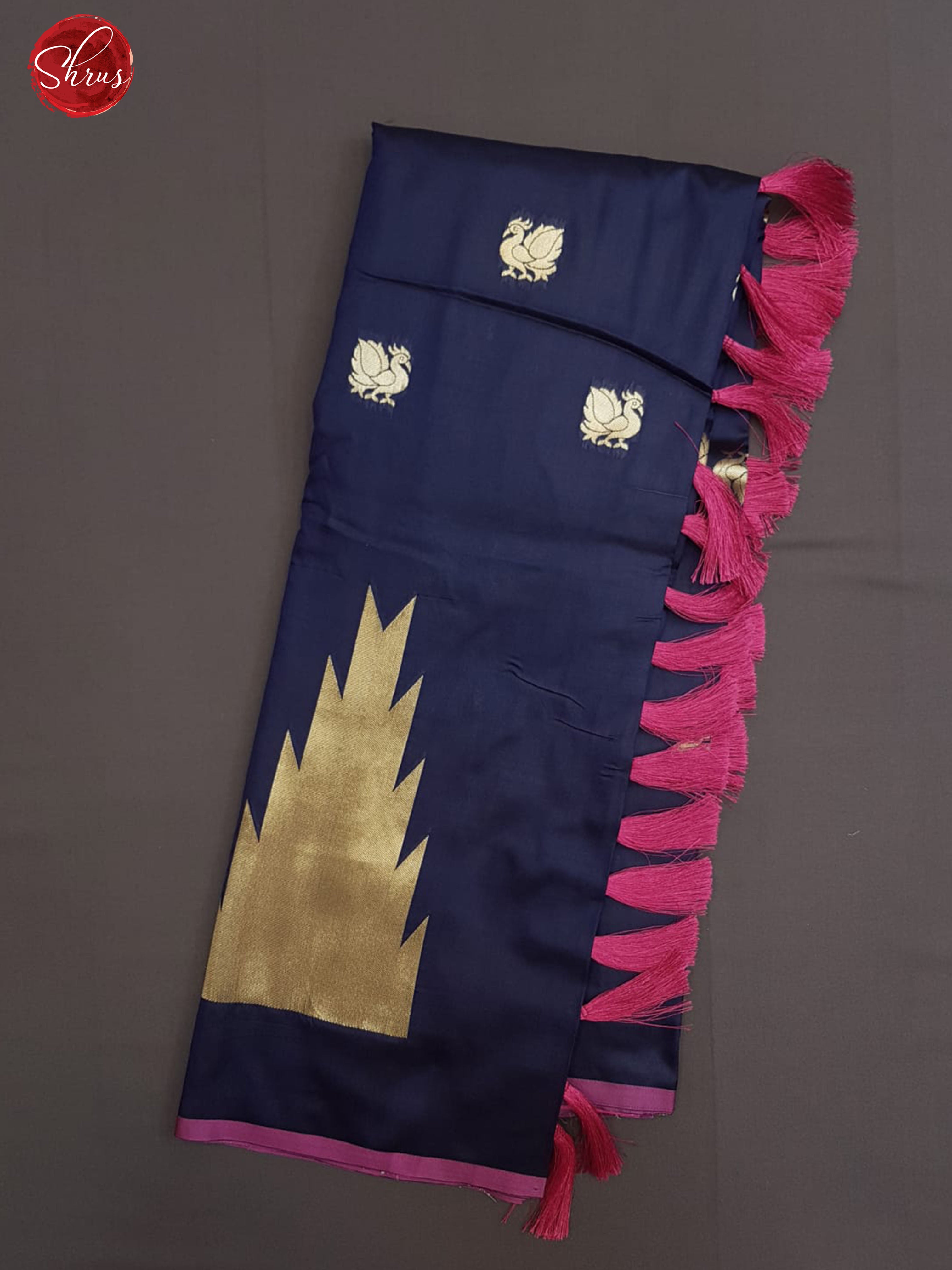 Blue &Pink- Semi Kanchipuram Silk with zari woven peacock buttas on the body & zari border - Shop on ShrusEternity.com