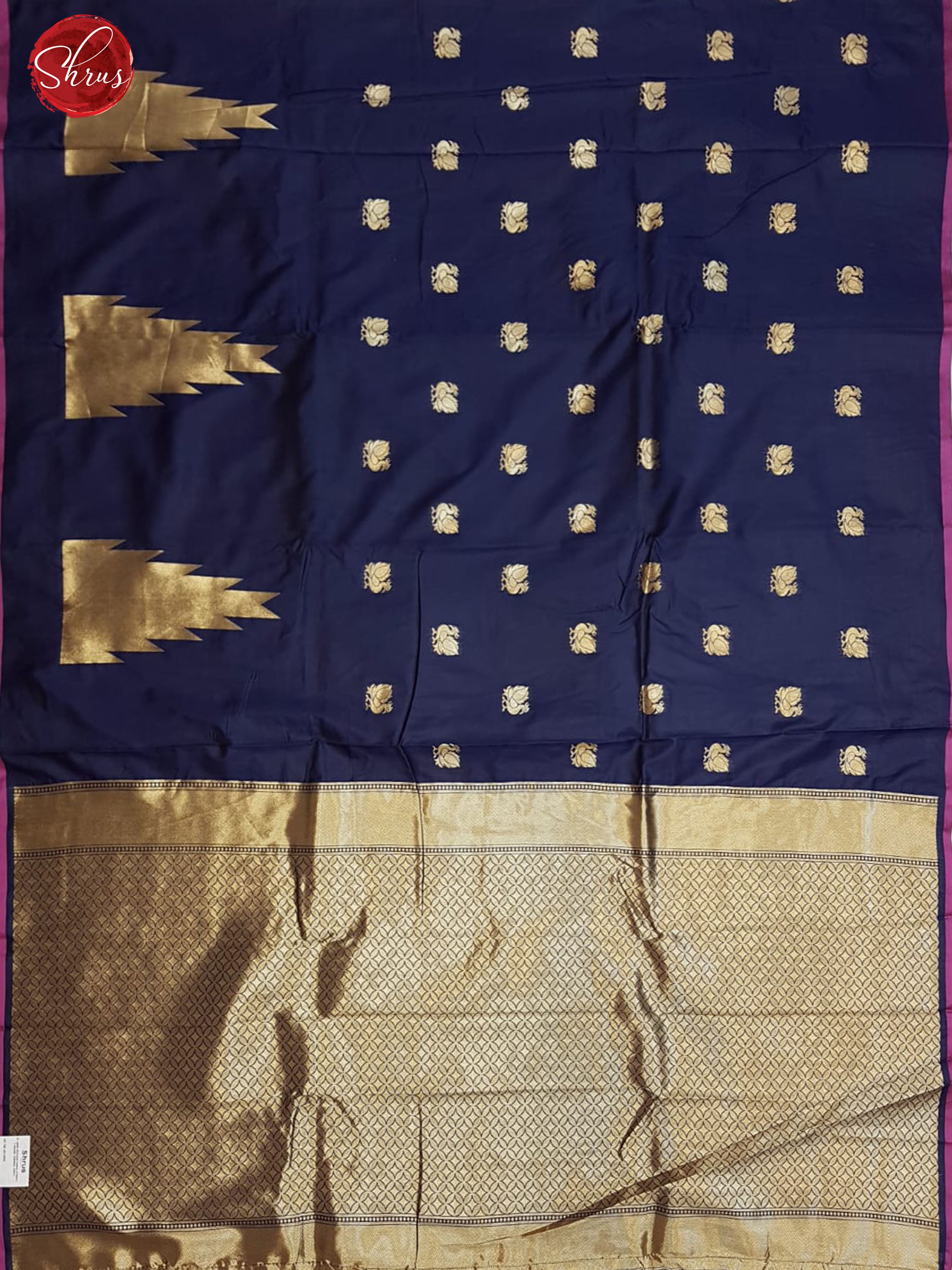 Blue &Pink- Semi Kanchipuram Silk with zari woven peacock buttas on the body & zari border - Shop on ShrusEternity.com