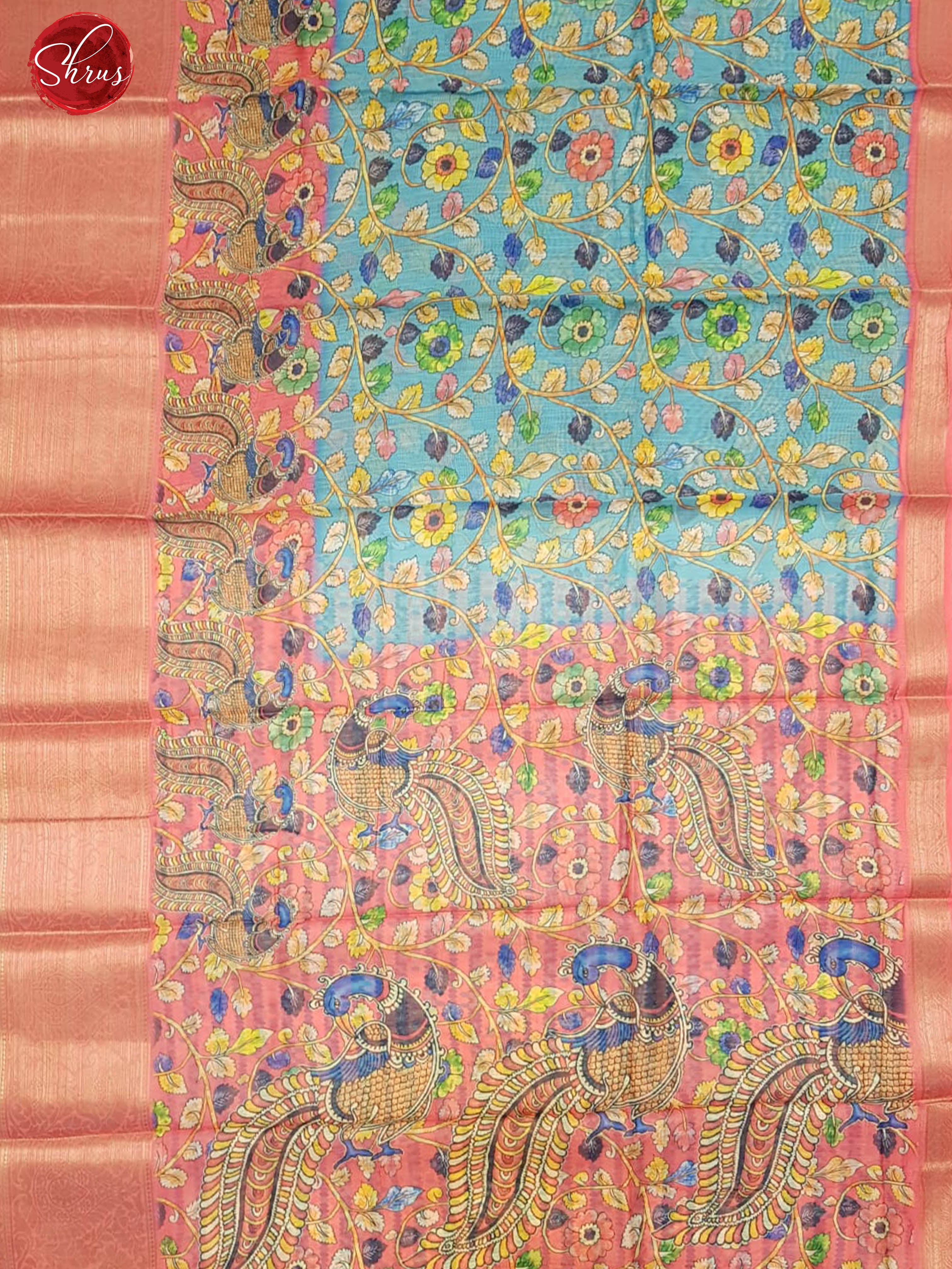 Blue and Pink - Art Linen with Kalamkari floral printed body wnd zari border - Shop on ShrusEternity.com