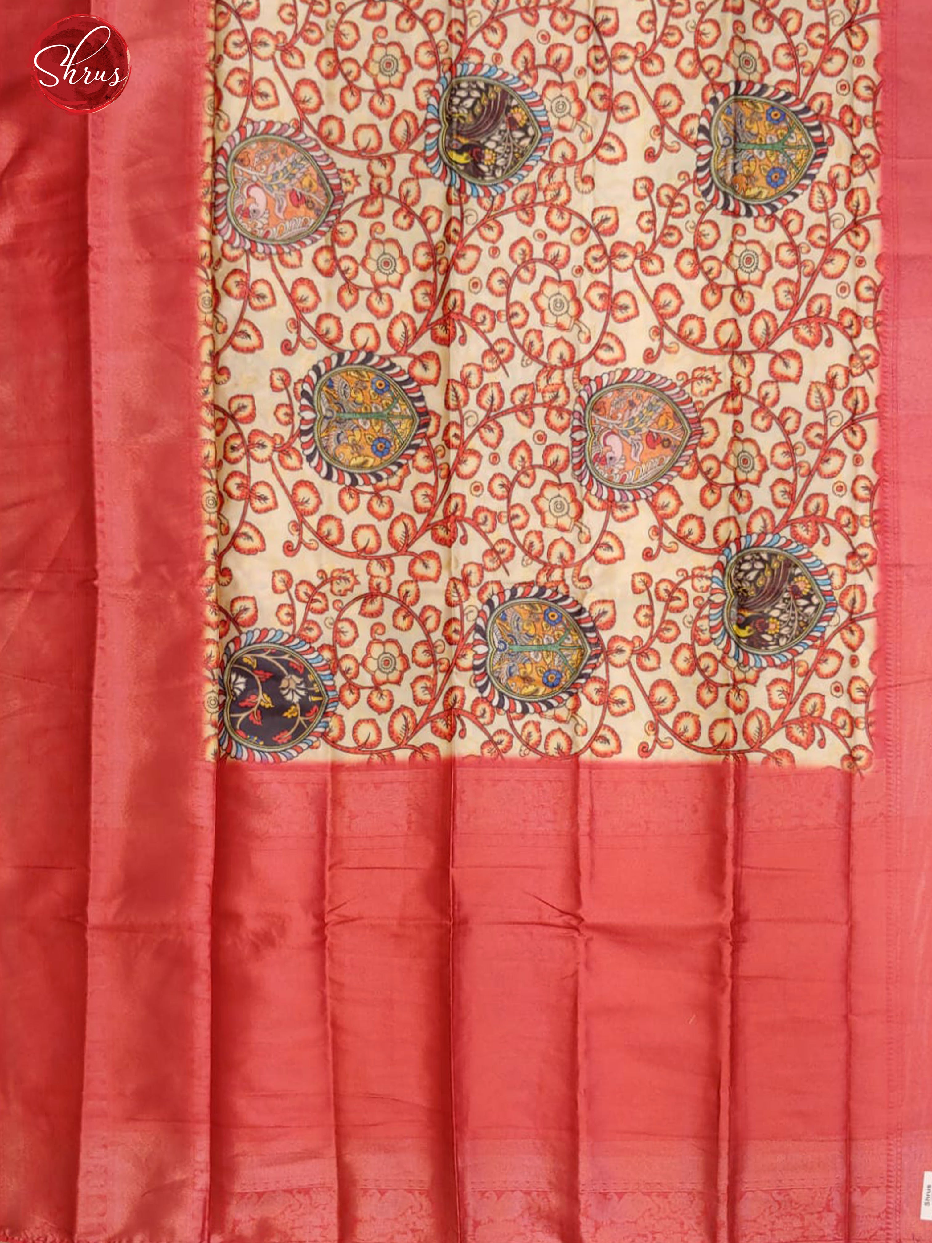 Cream & Pink - Semi Dupion with kalamkari floral print on the body & Contrast Zari Border - Shop on ShrusEternity.com