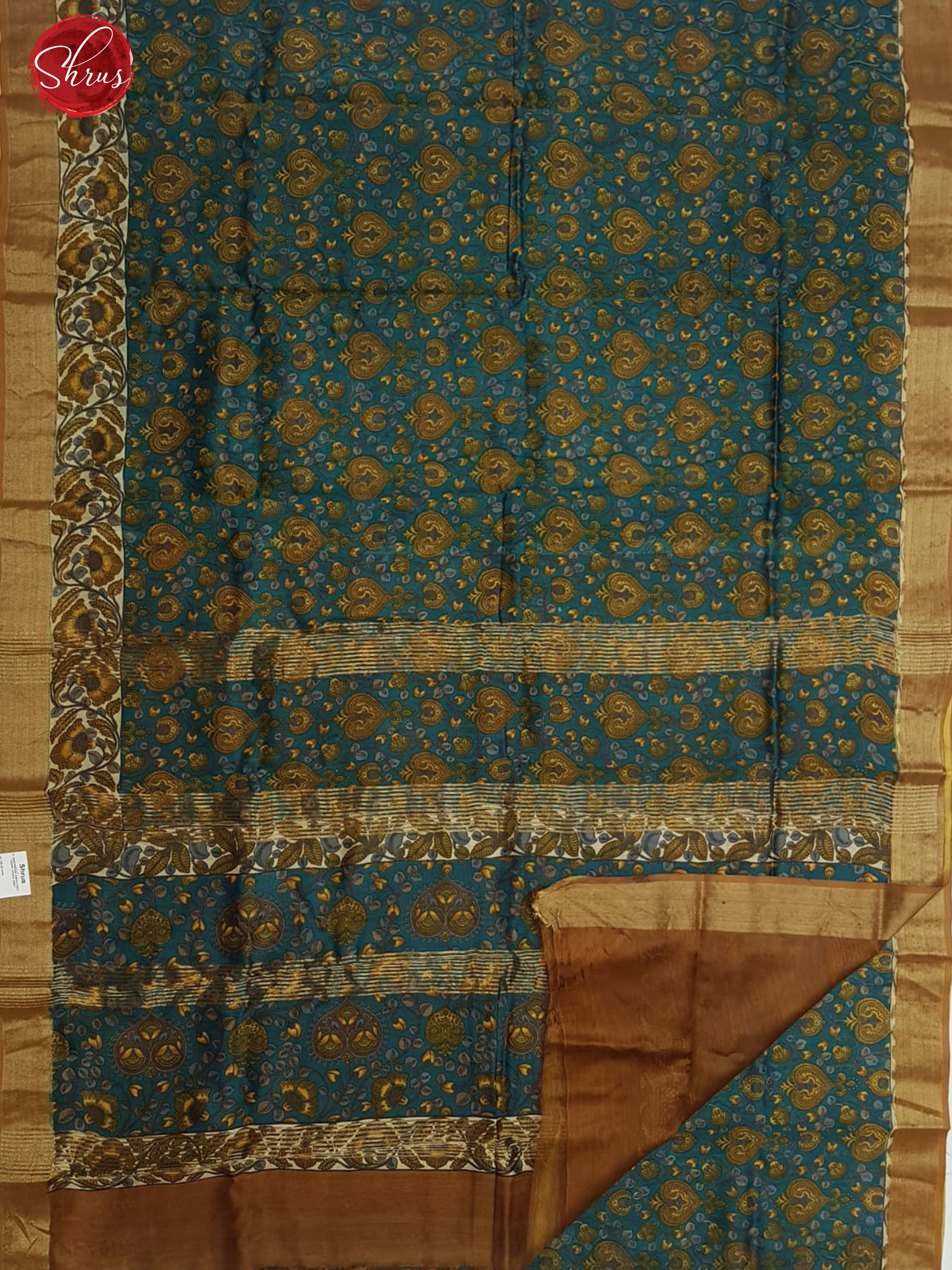 Peacock Green & Brown - Moonga Silk with floral print on the Body & Contrast Zari Border - Shop on ShrusEternity.com
