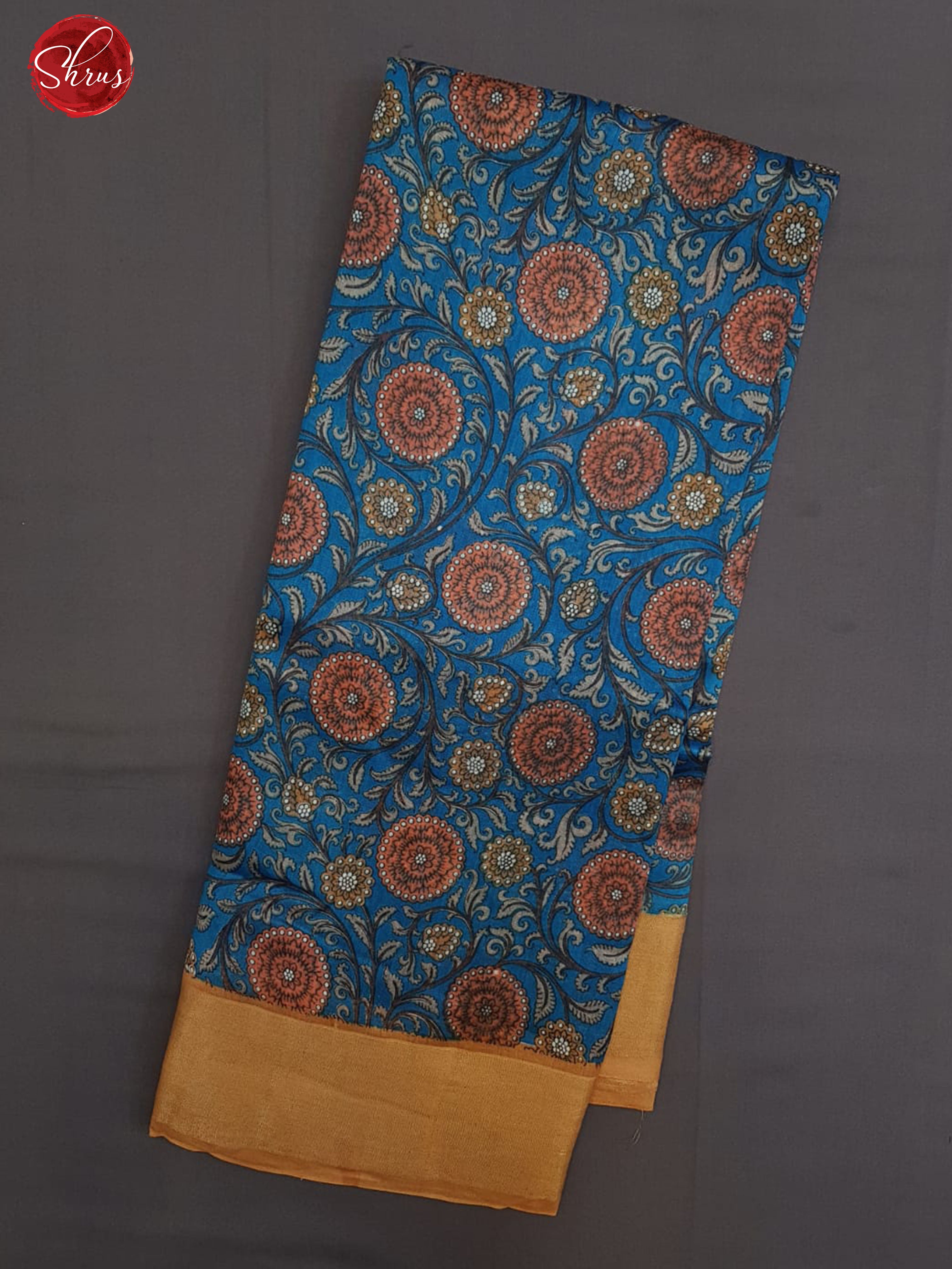 Blue & Mustard - Moonga Silk with floral print on the body & Contrast Zari Border - Shop on ShrusEternity.com
