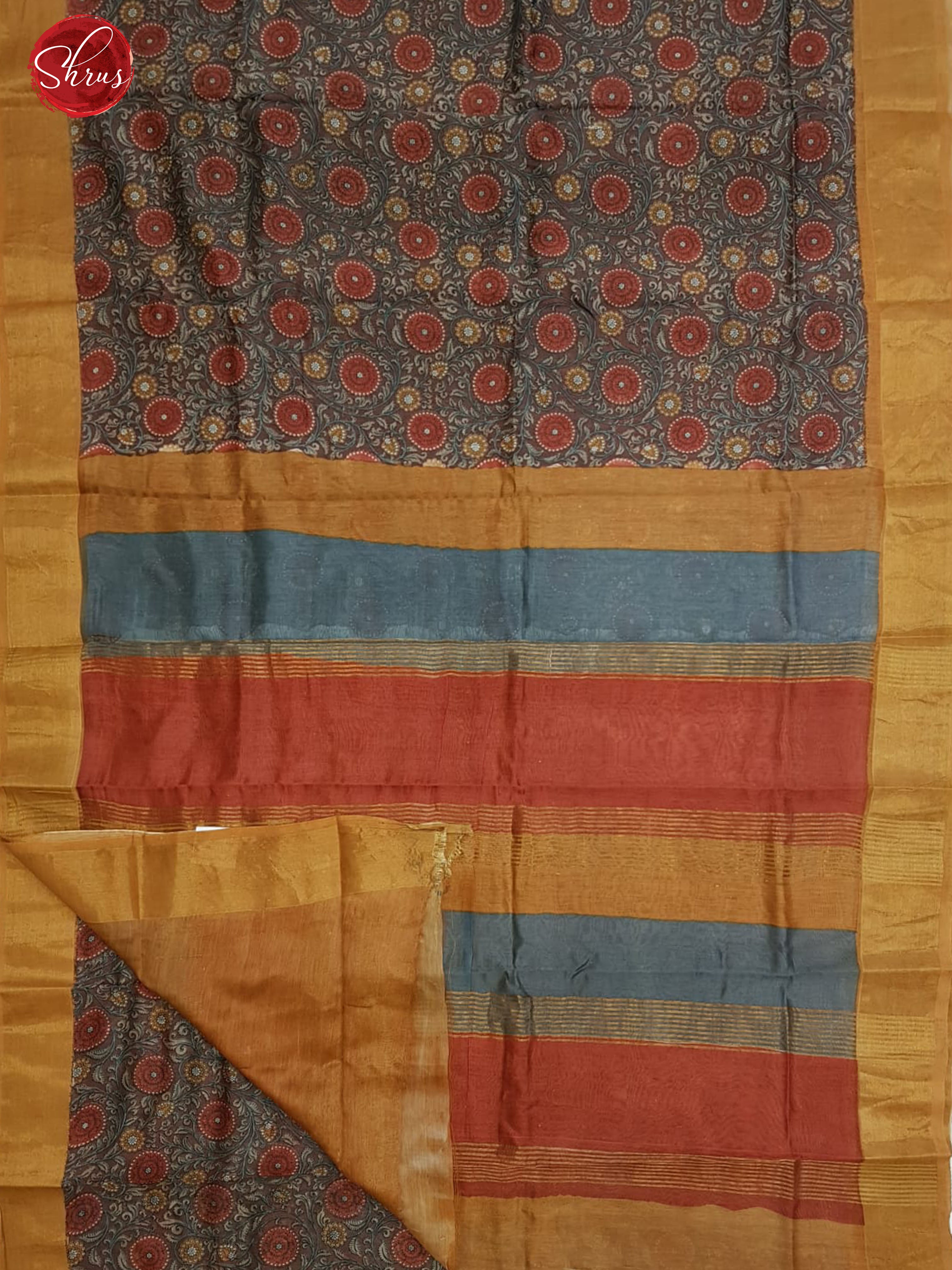 Light Brown & Mustard - Moonga Silk with floral print on the body & Contrast Zari Border - Shop on ShrusEternity.com