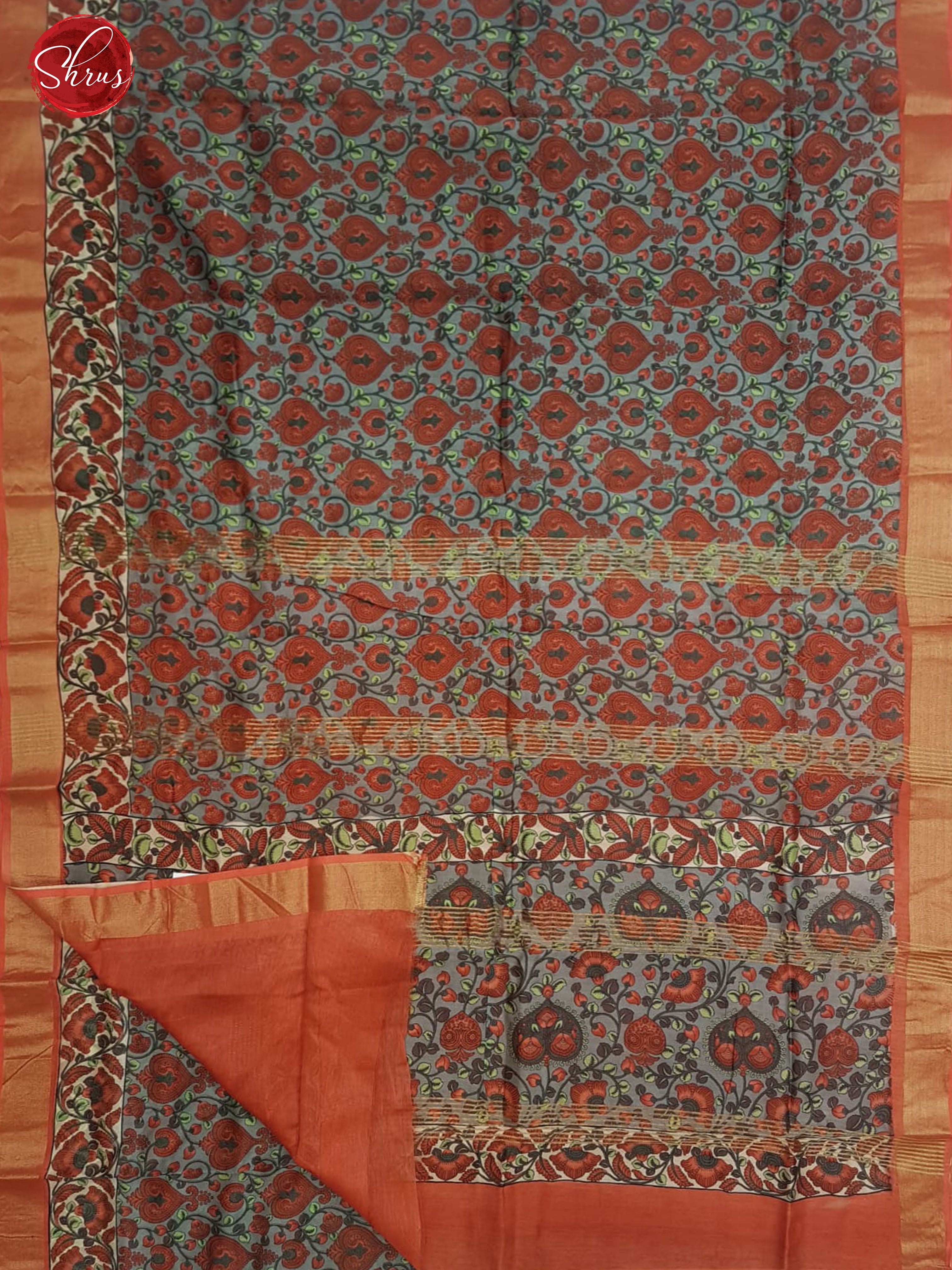 Grey & Orange - Moonga Silk with floral print on the body & Contrast Zari border - Shop on ShrusEternity.com