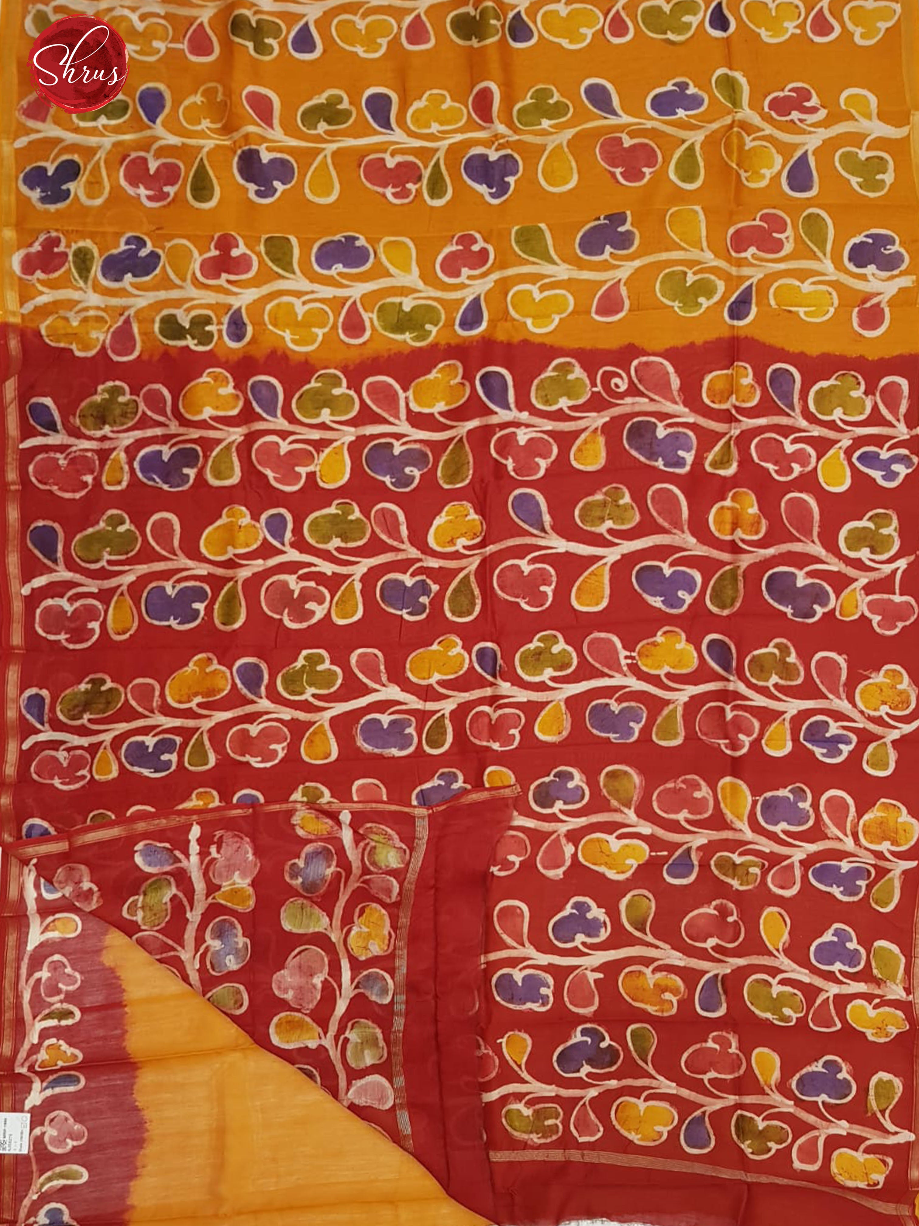 Yellow & Red - Chanderi with hand painted bhatik floral design on the body - Shop on ShrusEternity.com