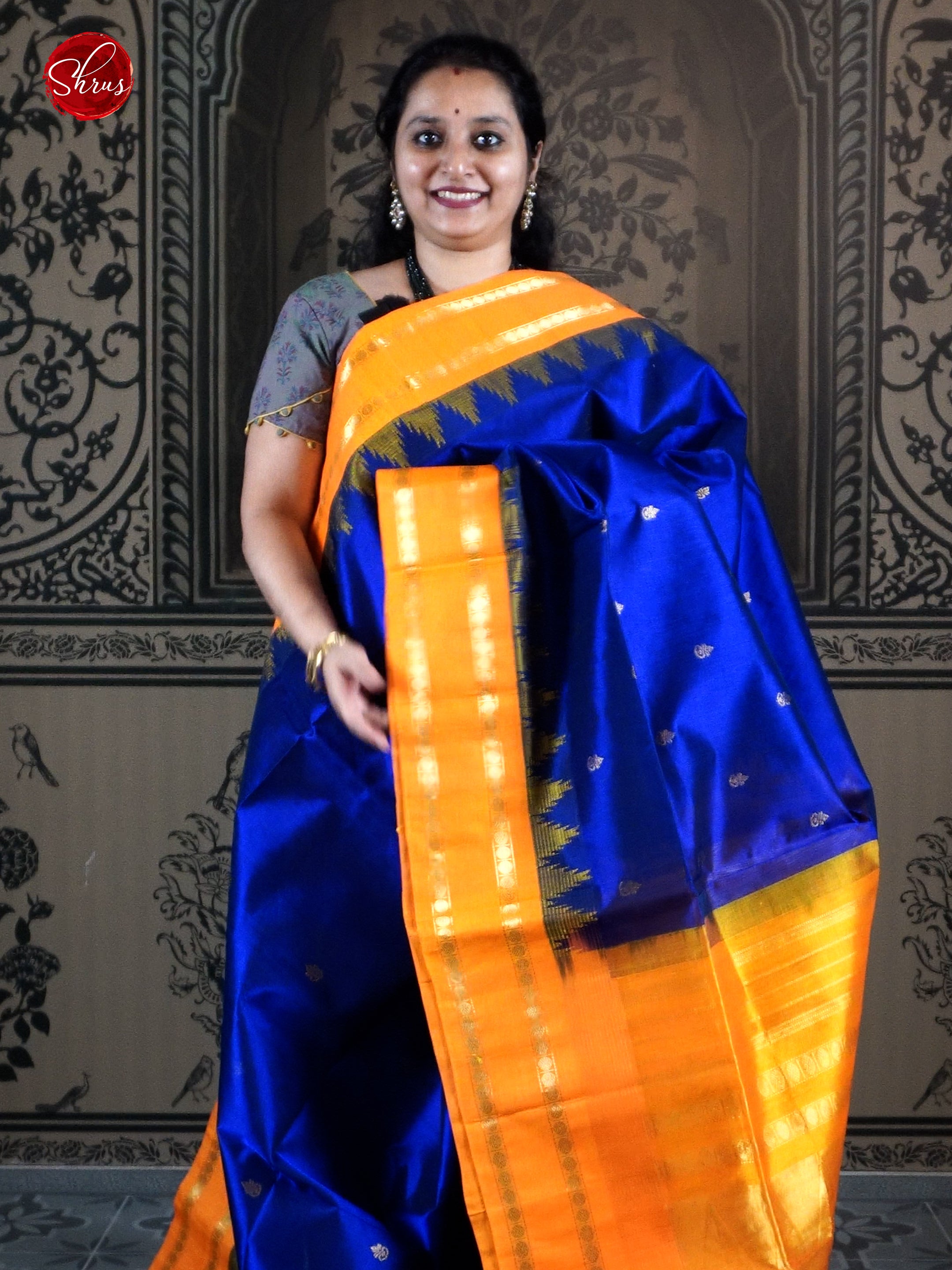 Blue & Orange - Silk Cotton with zari woven buttas on the body & Contrast temple border - Shop on ShrusEternity.com