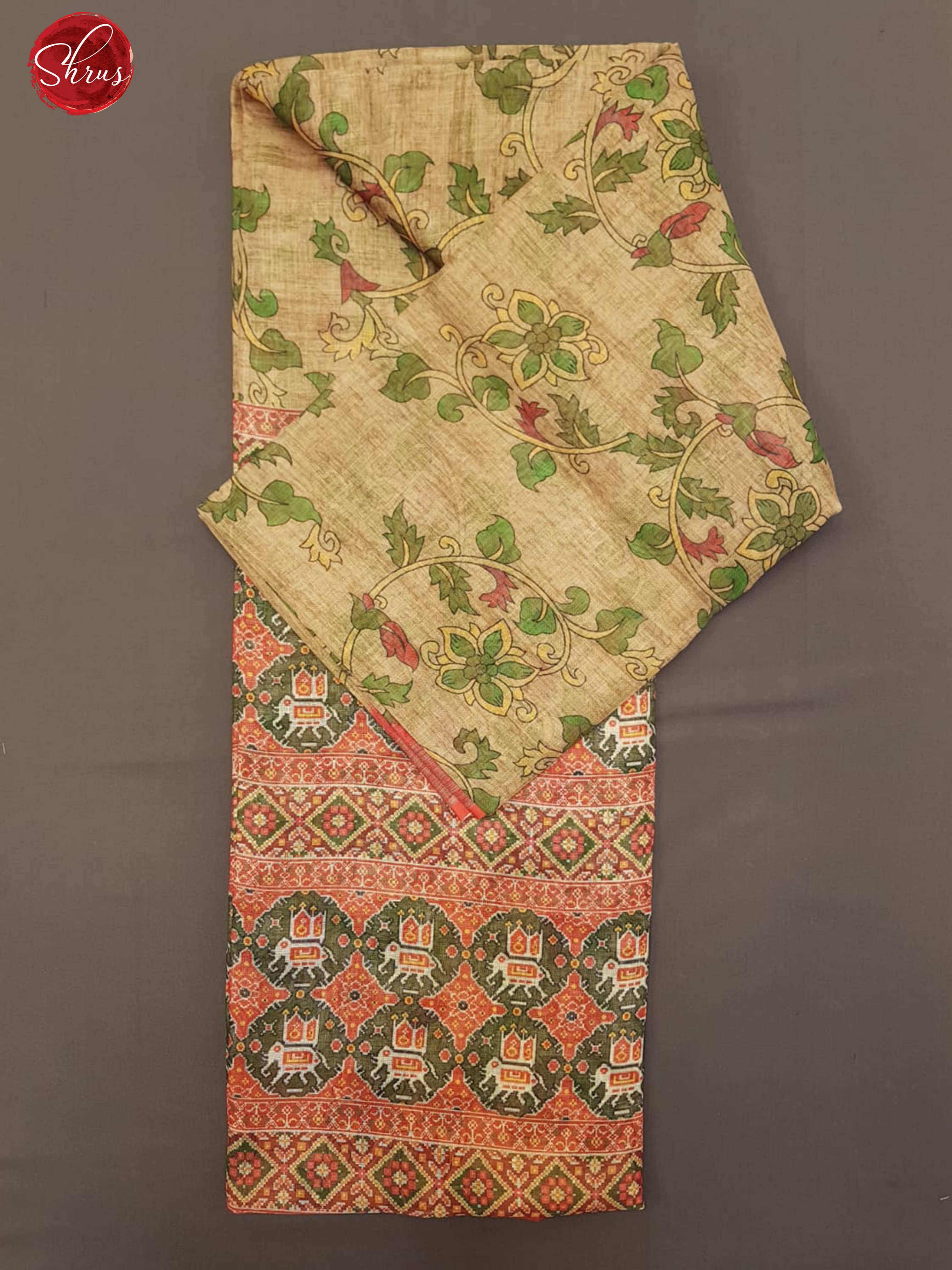 Beige and Red - Art Linen with floral print on the body and zari border - Shop on ShrusEternity.com
