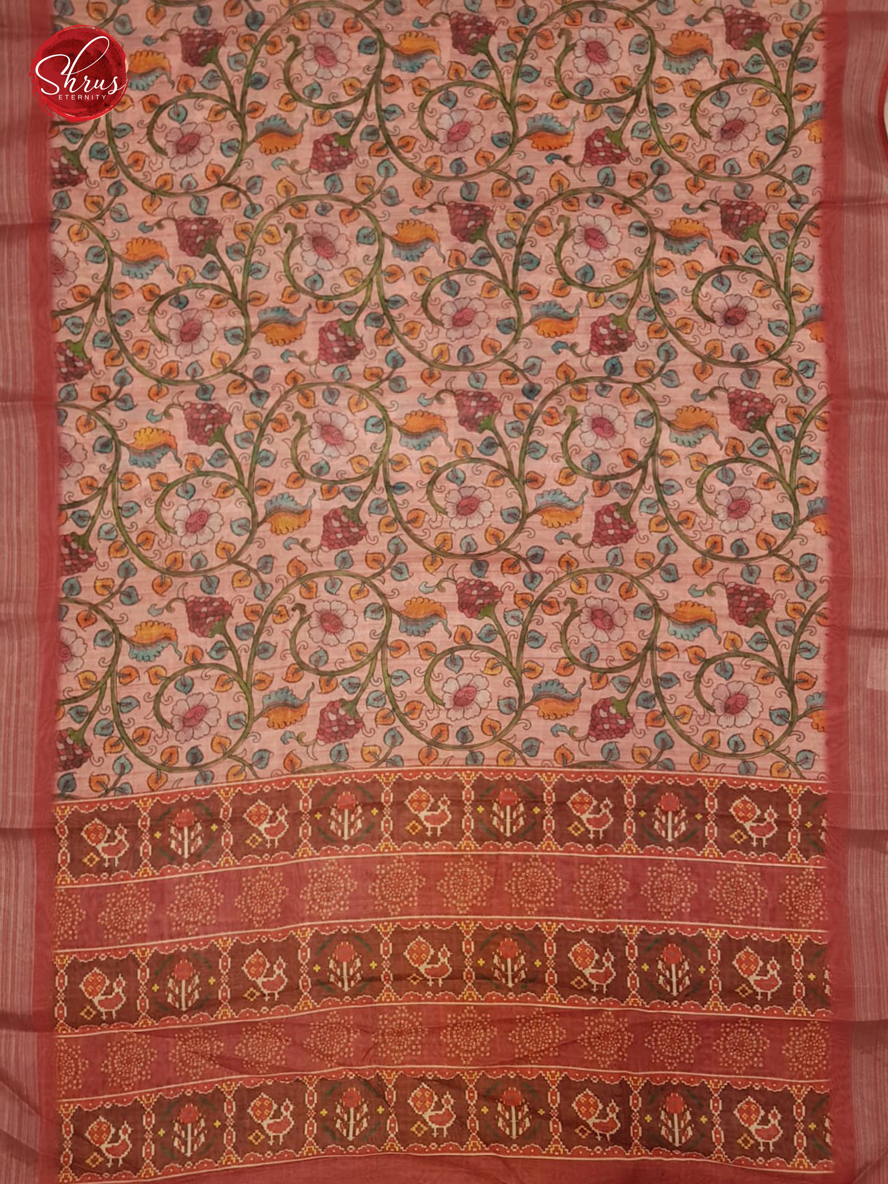 Pink - Art linen with floral print on the body & Zari Border - Shop on ShrusEternity.com