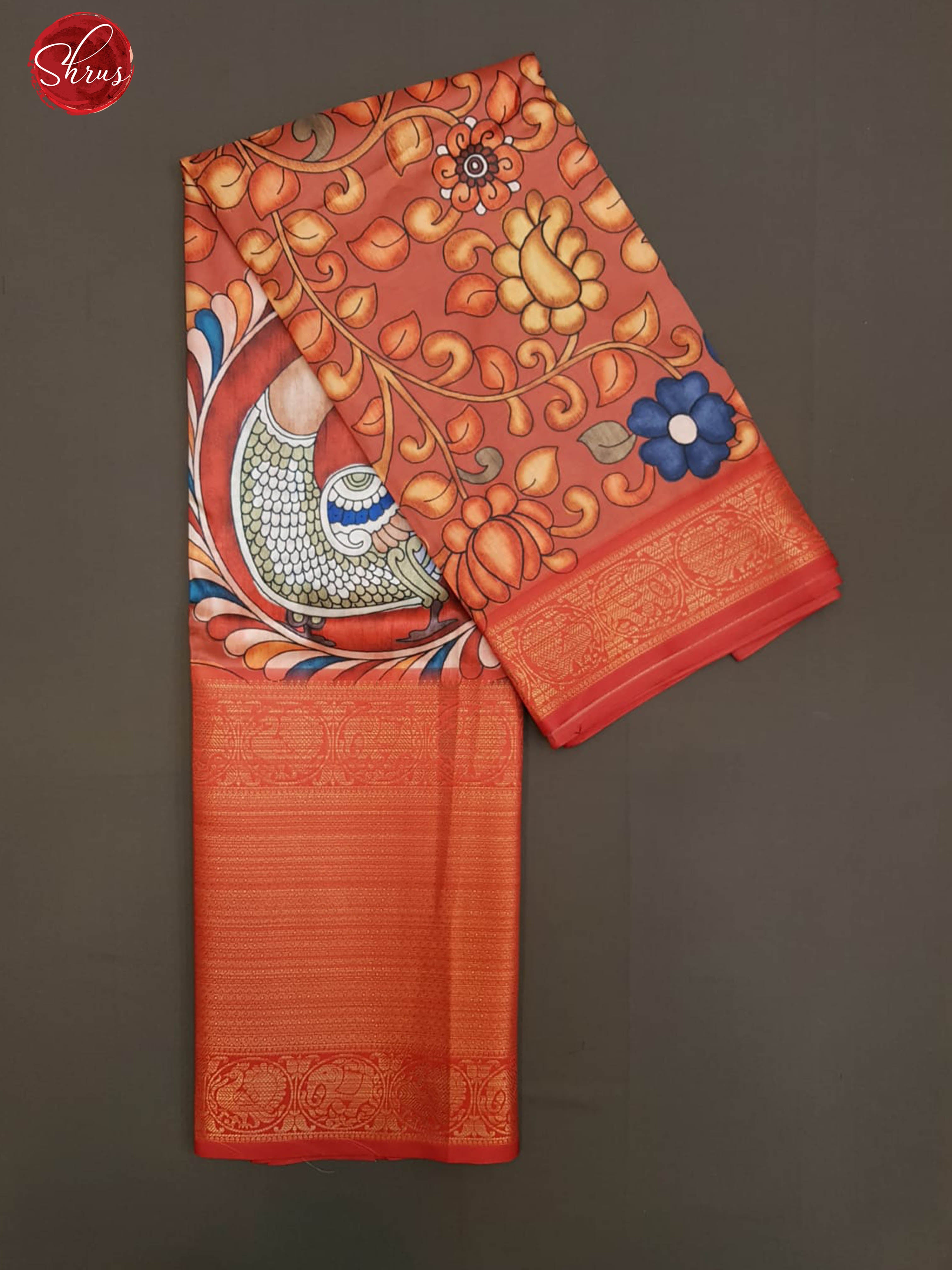 Brown & Red - Semi Dupion  Kurti Unstitched material  with kalamkari print &  contrast Zari Border - Shop on ShrusEternity.com