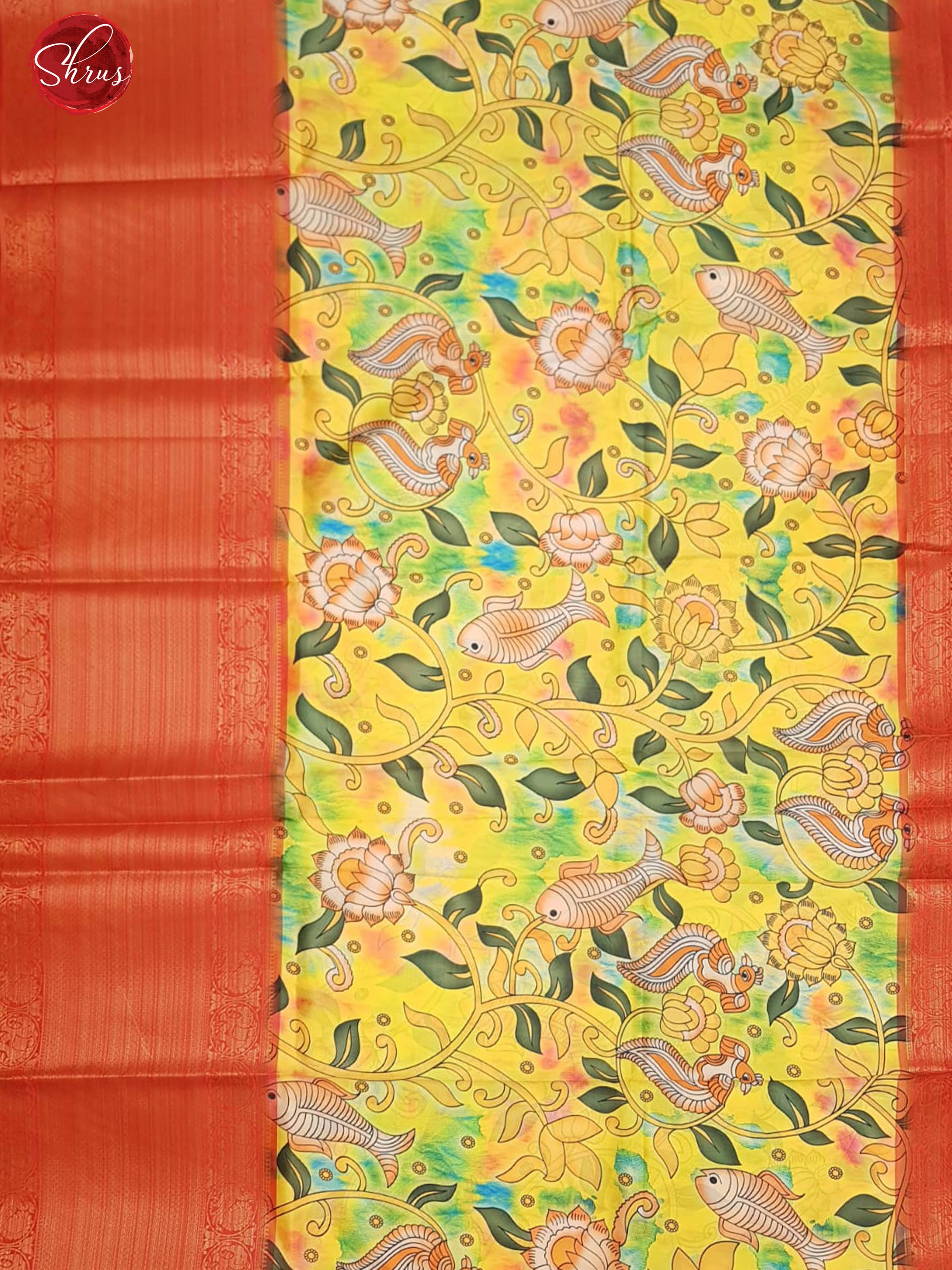 Yellow& Red - Semi Dupion  Kurti Unstitched material  with kalamkari print &  contrast Zari Border - Shop on ShrusEternity.com