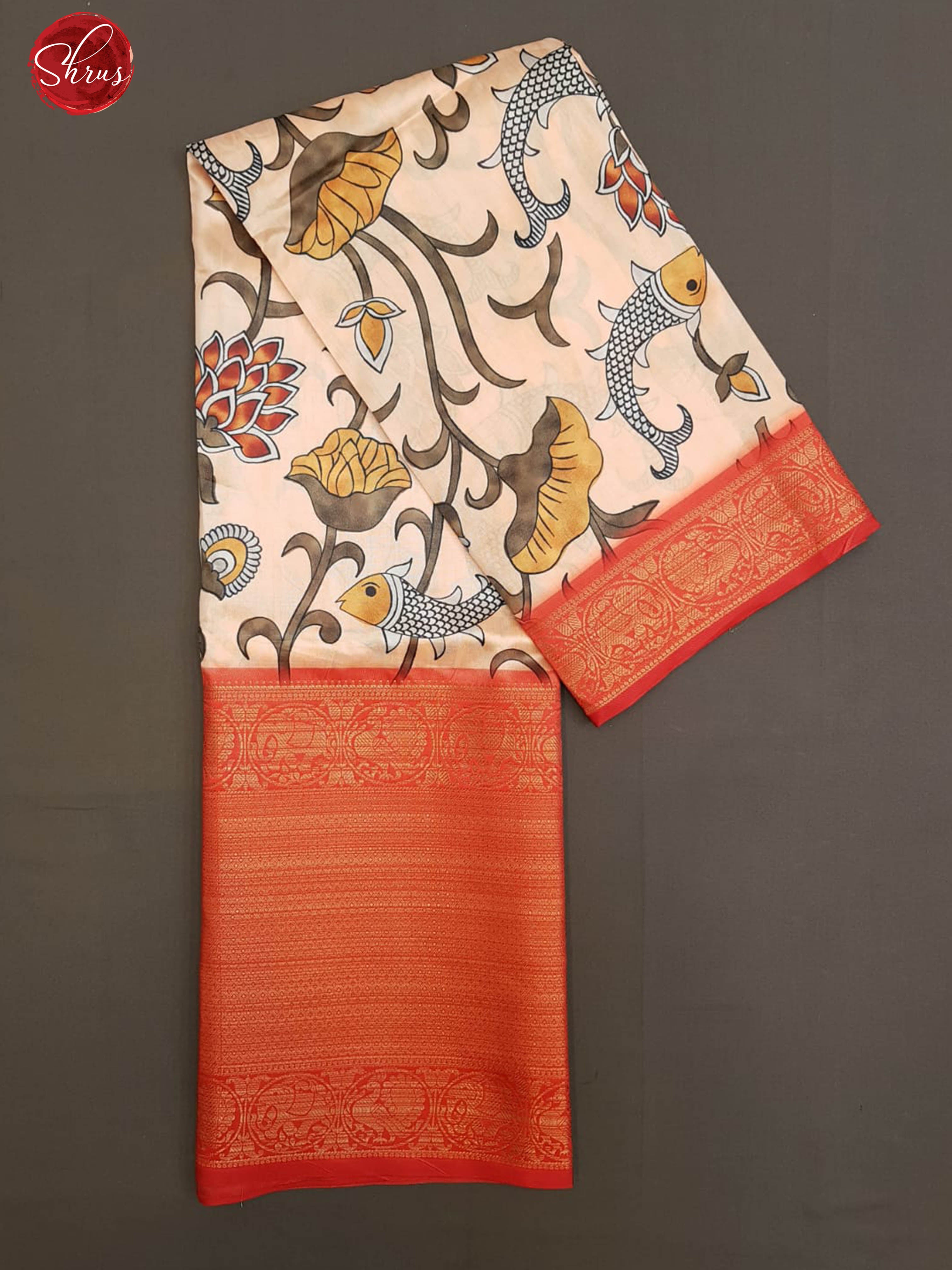 Peach& Red- Semi Dupion  Kurti Unstitched material  with kalamkari print &  contrast Zari Border - Shop on ShrusEternity.com