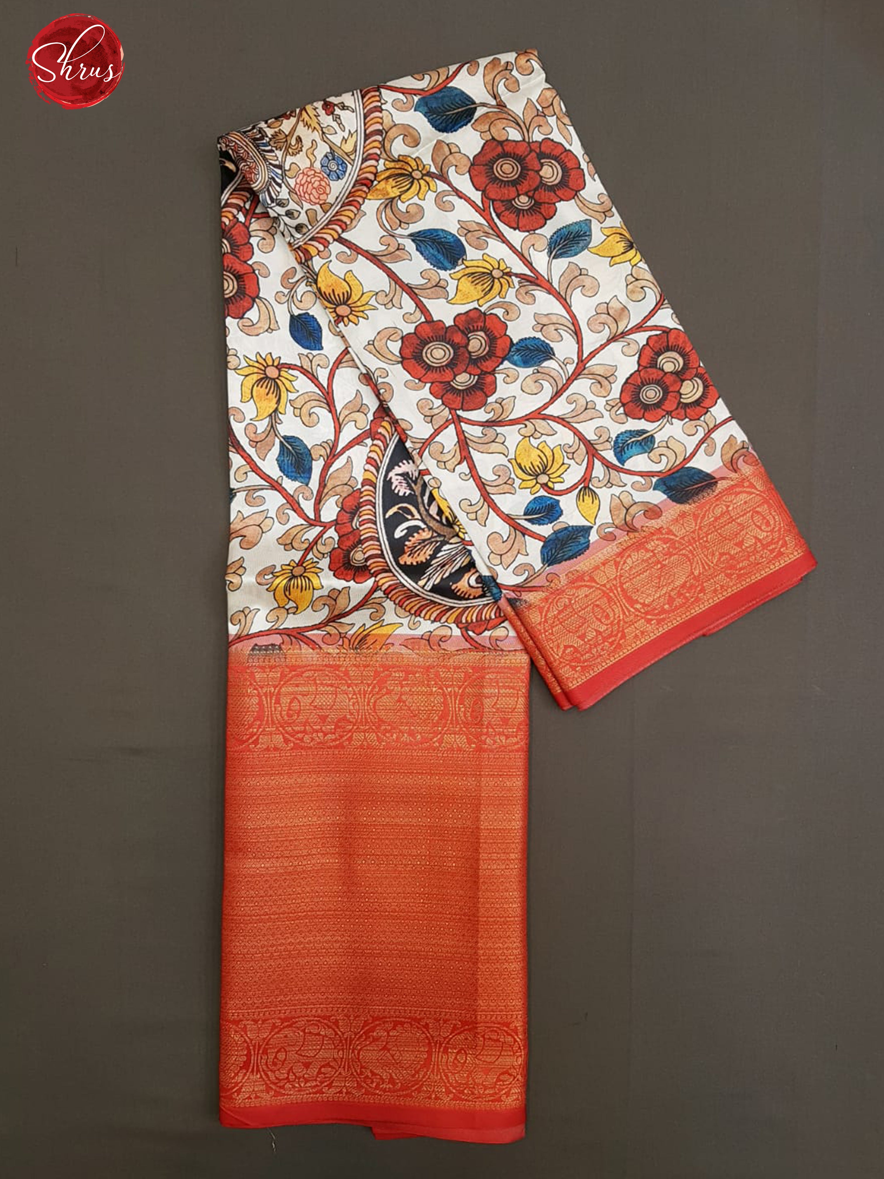 Cream& Red - Semi Dupion  Kurti Unstitched material  with kalamkari print &  contrast Zari Border - Shop on ShrusEternity.com