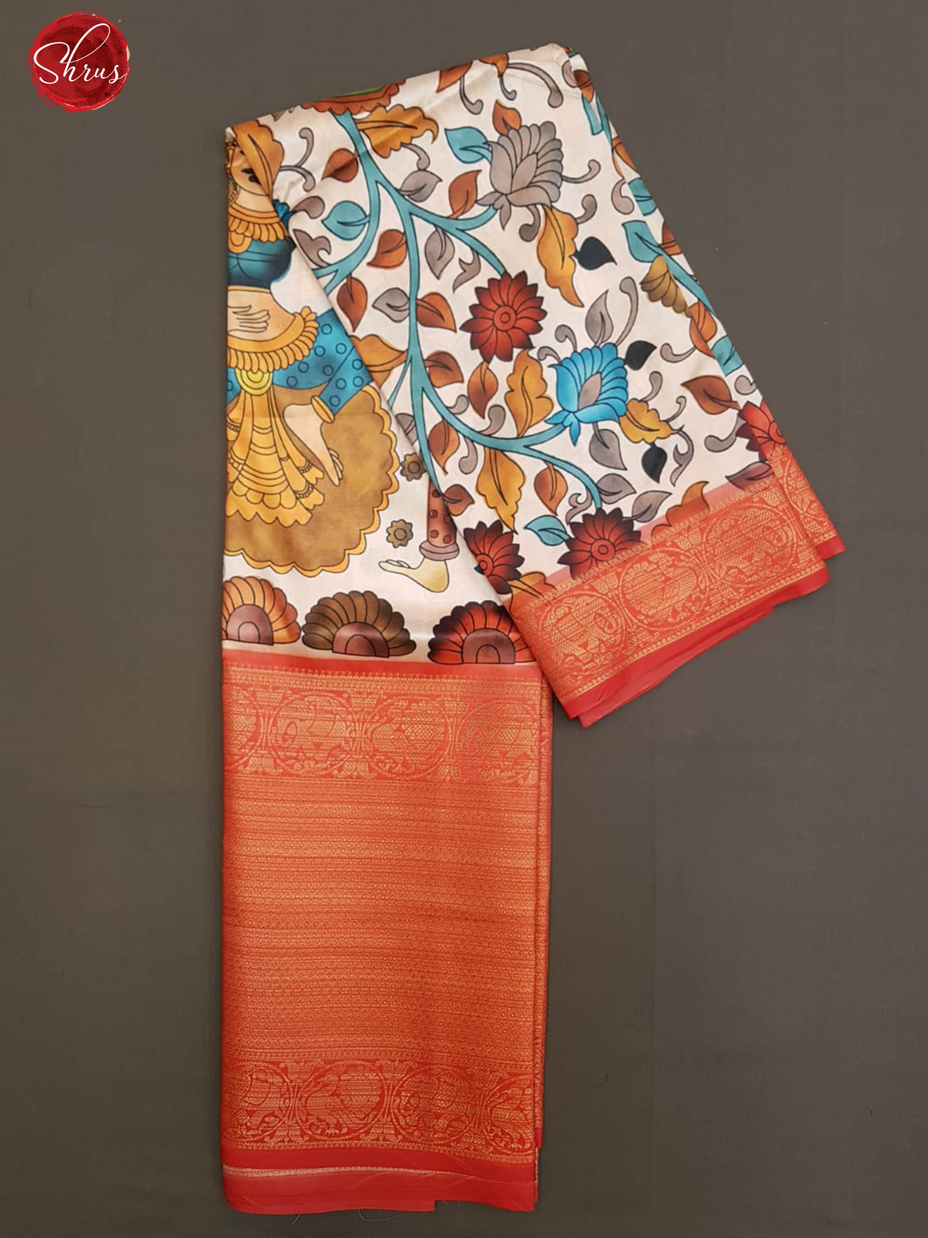 Peach & Red- Semi Dupion  Kurti Unstitched material  with kalamkari print &  contrast Zari Border - Shop on ShrusEternity.com