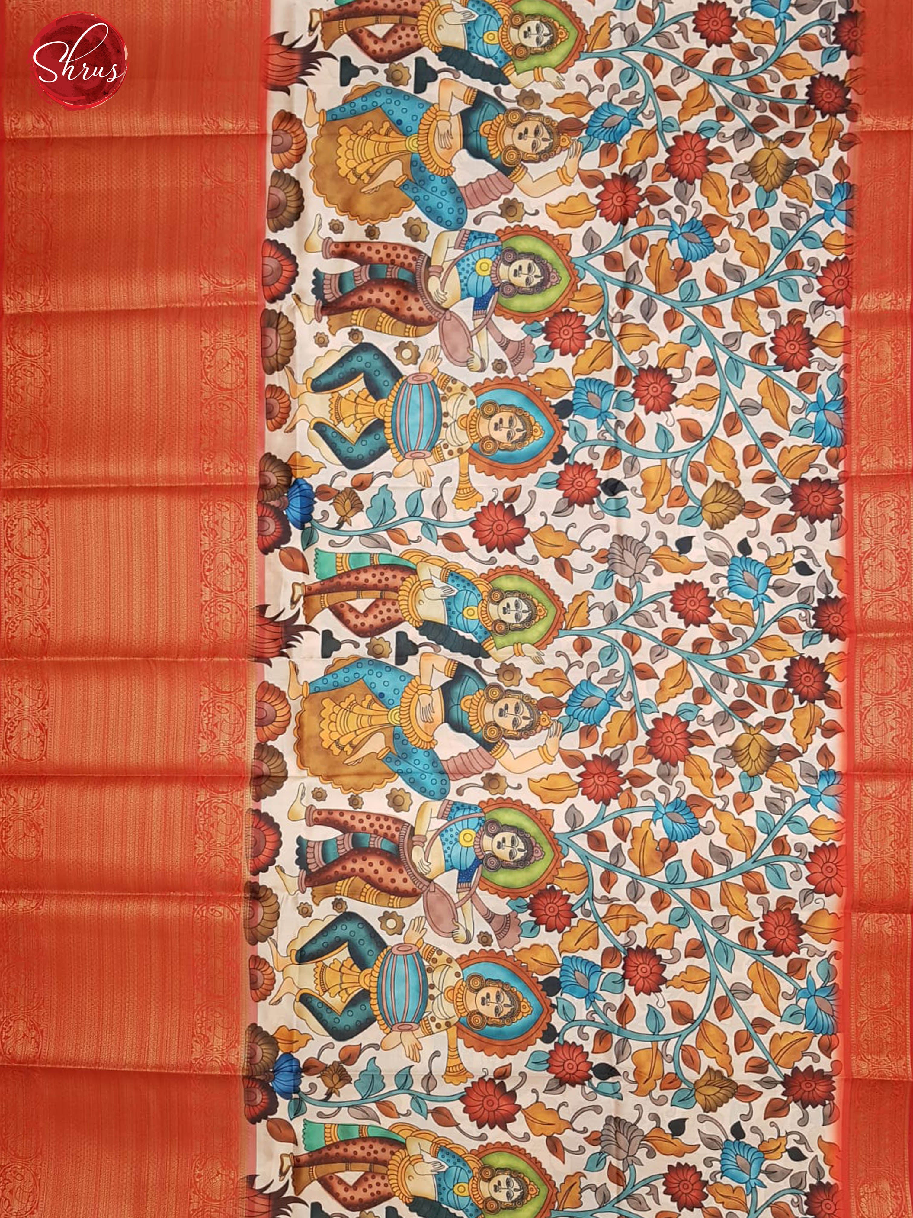 Peach & Red- Semi Dupion  Kurti Unstitched material  with kalamkari print &  contrast Zari Border - Shop on ShrusEternity.com