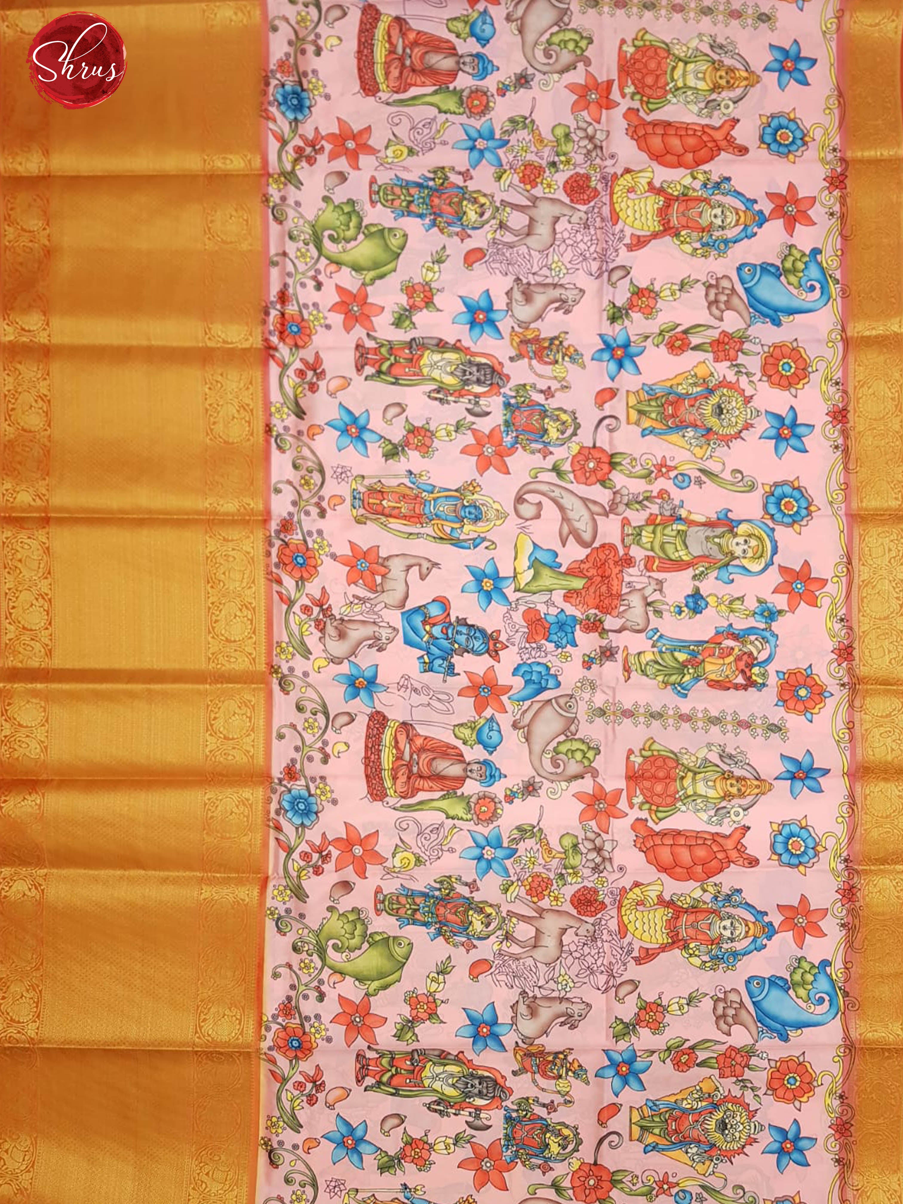 Peach & Red - Semi Dupion  Kurti Unstitched material  with kalamkari print &  contrast Zari Border - Shop on ShrusEternity.com