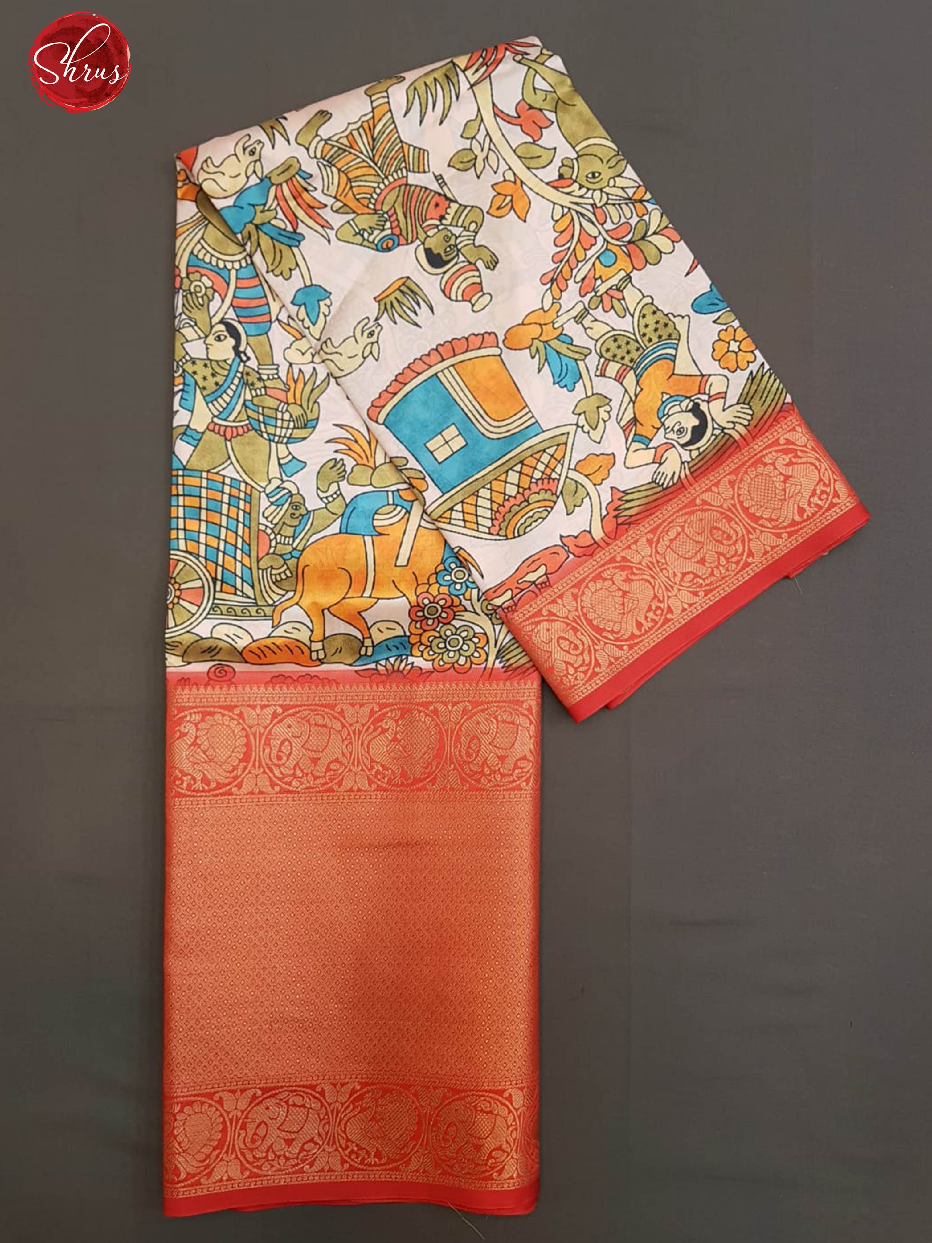 Cream & Red - Semi Dupion  Kurti Unstitched material  with kalamkari print &  contrast Zari Border - Shop on ShrusEternity.com