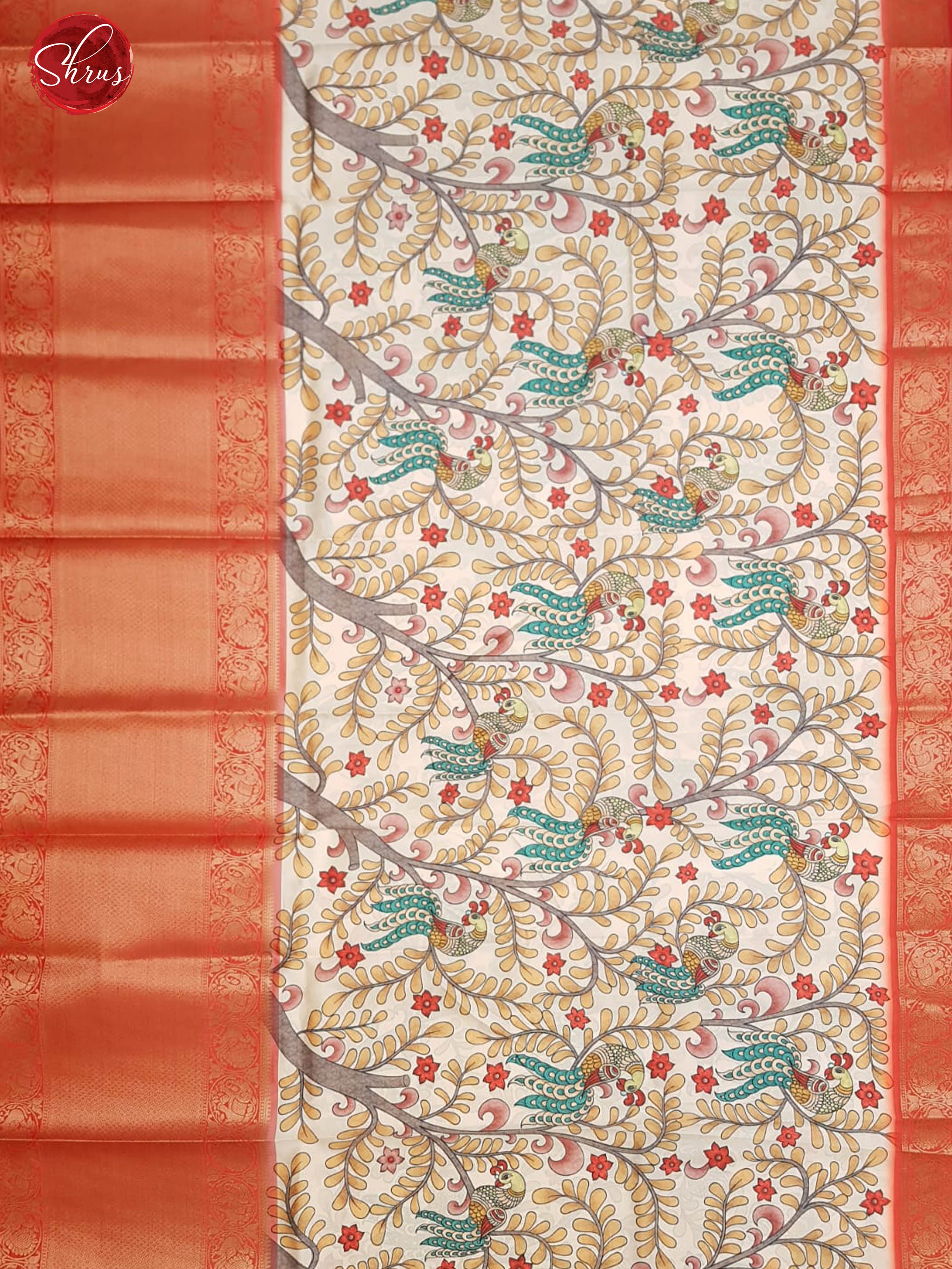 Cream & Red - Semi Dupion  Kurti Unstitched material  with kalamkari print &  contrast Zari Border - Shop on ShrusEternity.com