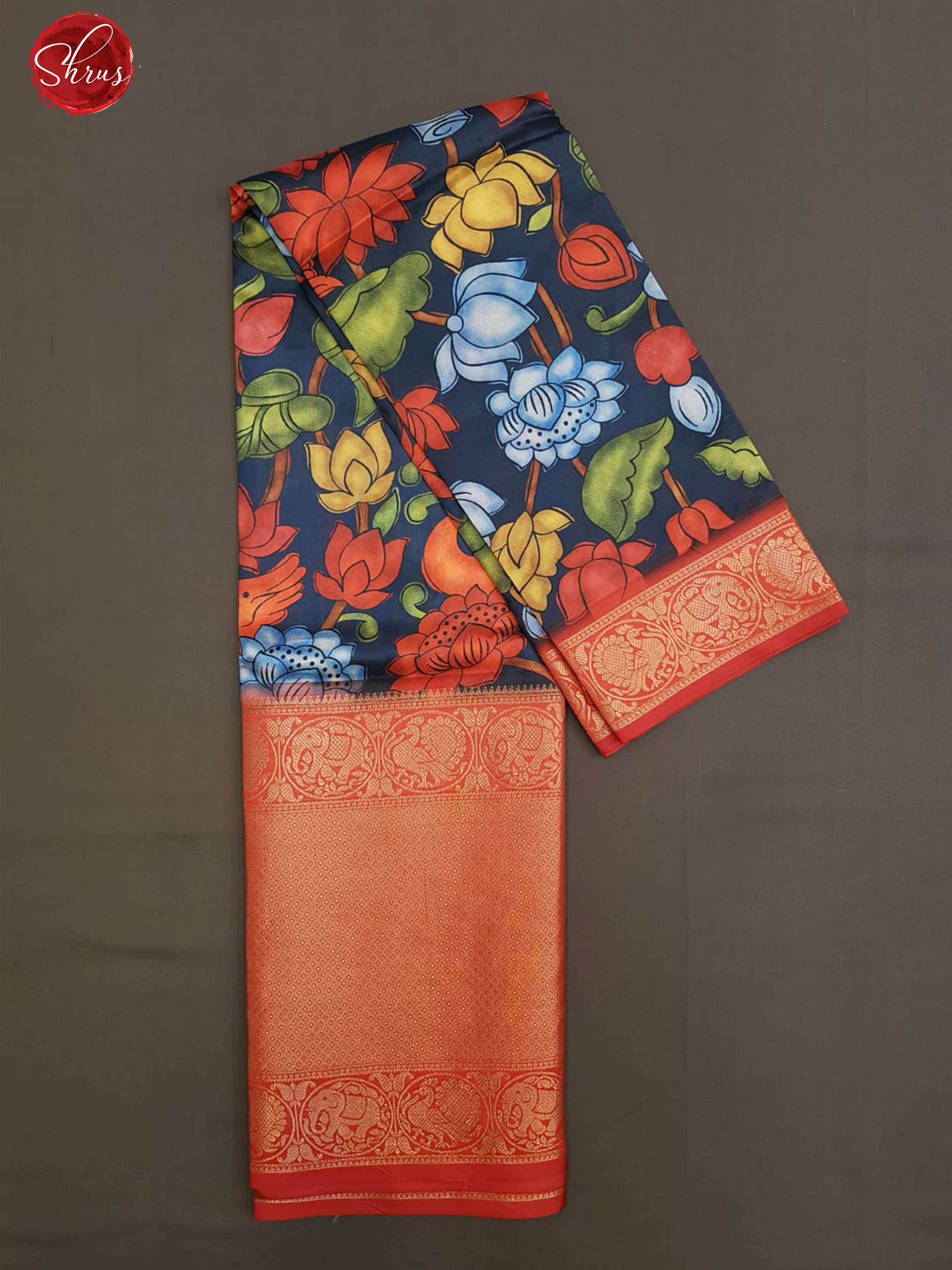 Blue & Red- Semi Dupion  Kurti Unstitched material  with kalamkari print &  contrast Zari Border - Shop on ShrusEternity.com