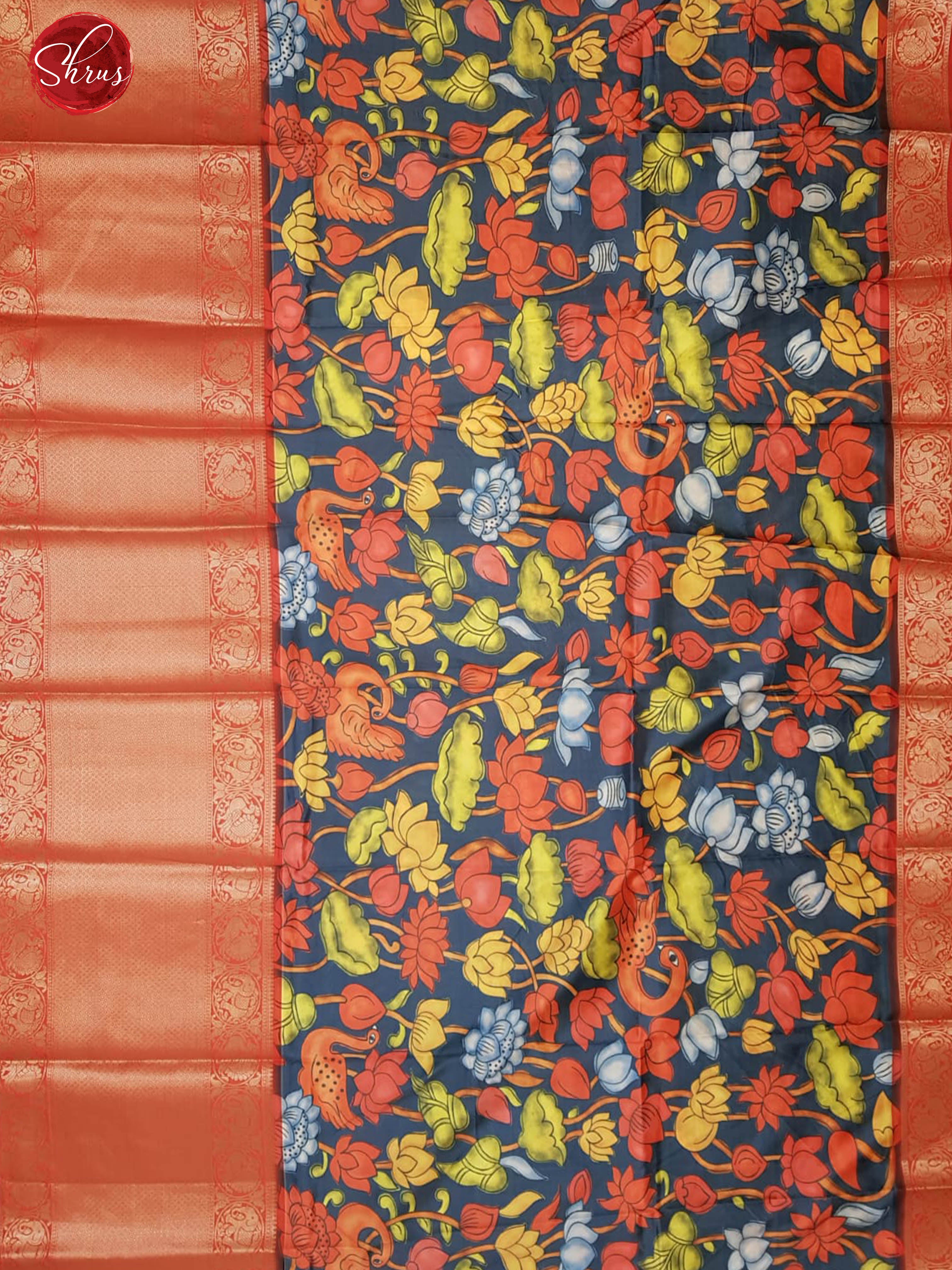 Blue & Red- Semi Dupion  Kurti Unstitched material  with kalamkari print &  contrast Zari Border - Shop on ShrusEternity.com