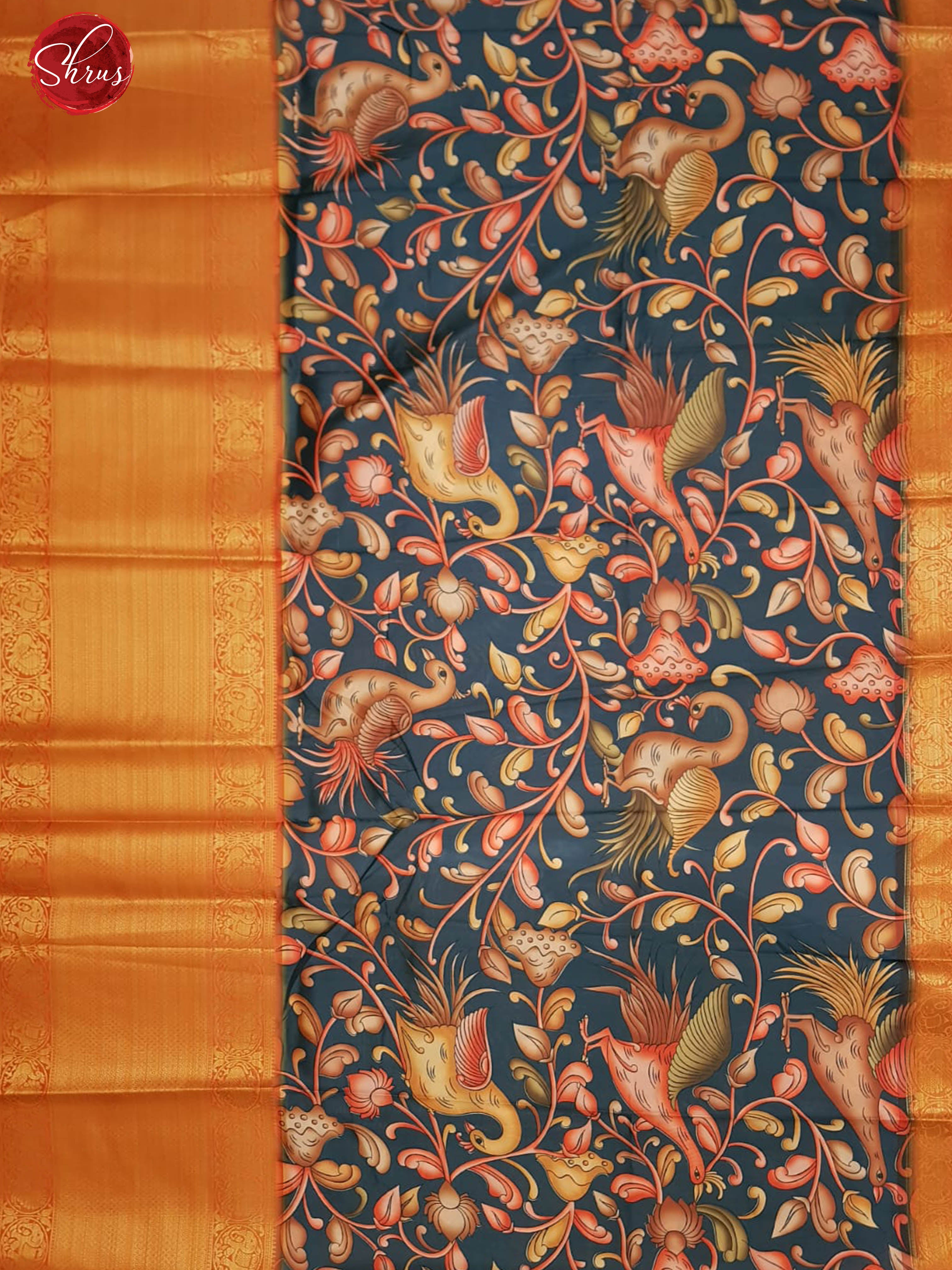 Blue & Red - Semi Dupion  Kurti Unstitched material  with kalamkari print &  contrast Zari Border - Shop on ShrusEternity.com