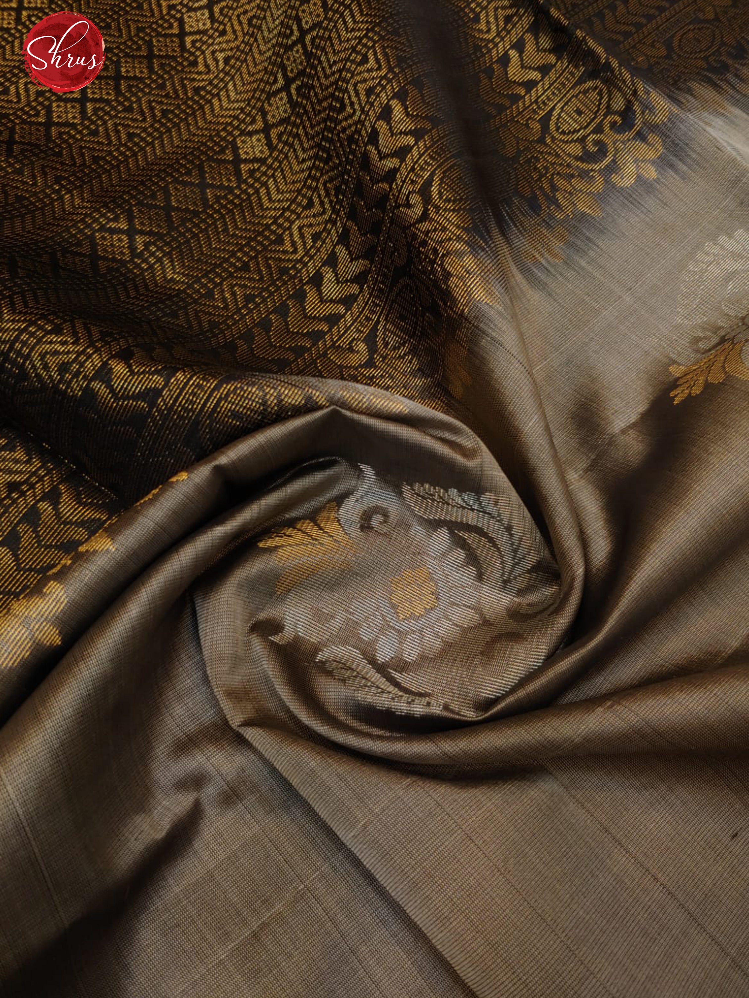 Grey  & Black - Borderless Soft Silk with gold, silver zari floral motifs on the body - Shop on ShrusEternity.com