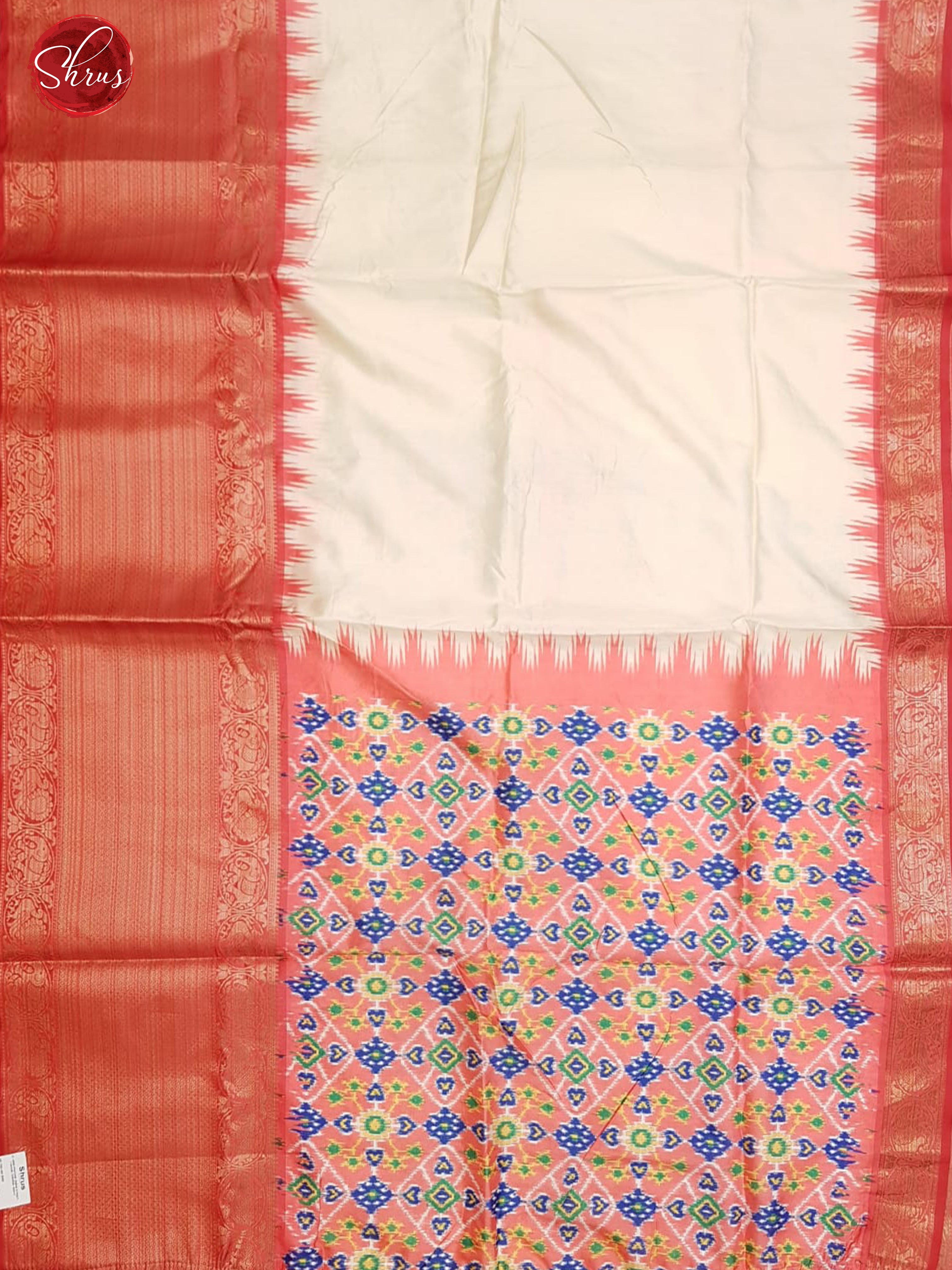 Cream & Red - Semi Ikkat with plain body & contrast zari border - Shop on ShrusEternity.com