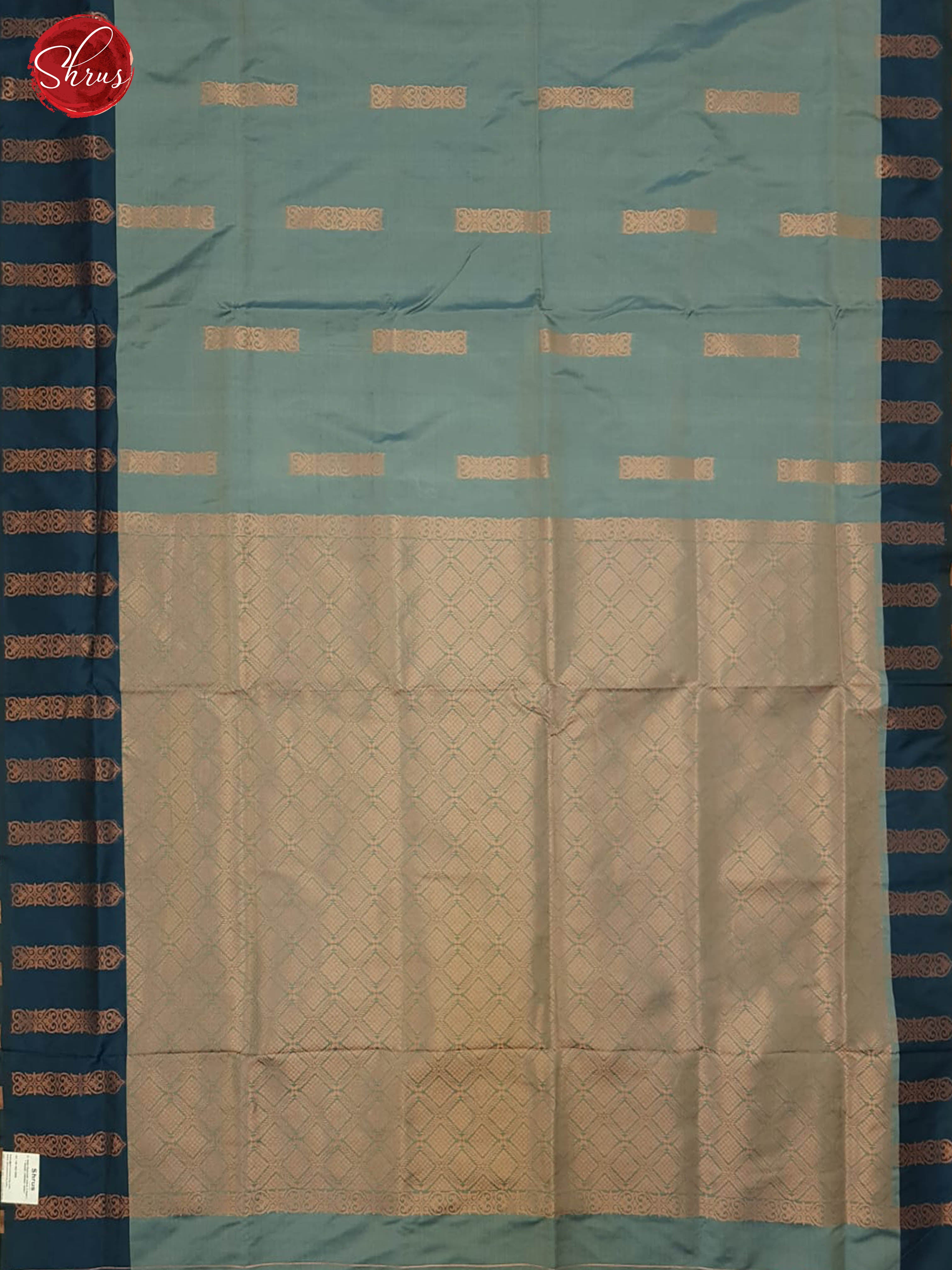 Bluish Grey &  Blue  - Semi Kanchipuram Silk with zari woven motifs on the body & Contrast Border - Shop on ShrusEternity.com