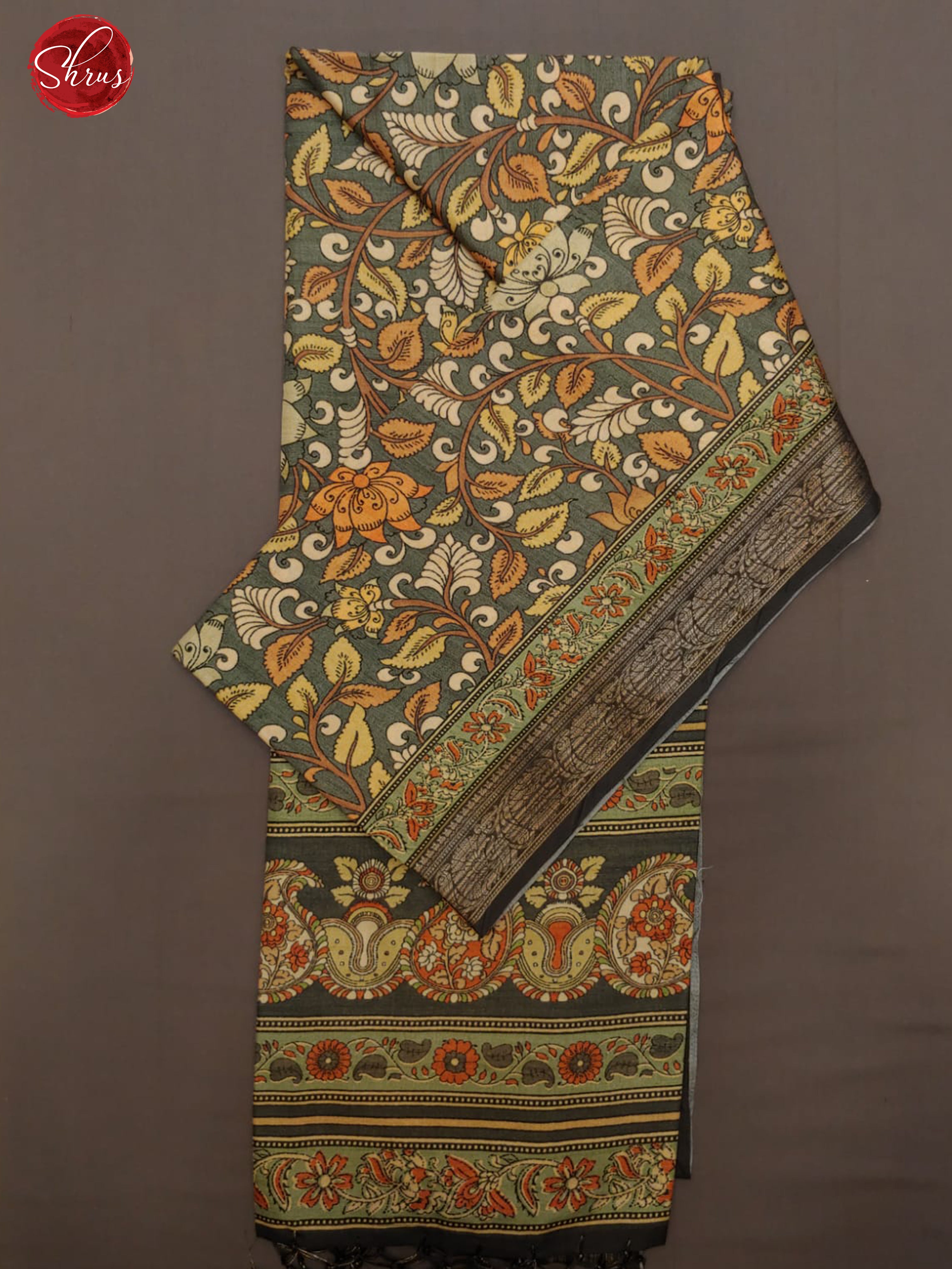 Green & Grey - Semi Tussar with floral print on the body & contrast zari border - Shop on ShrusEternity.com