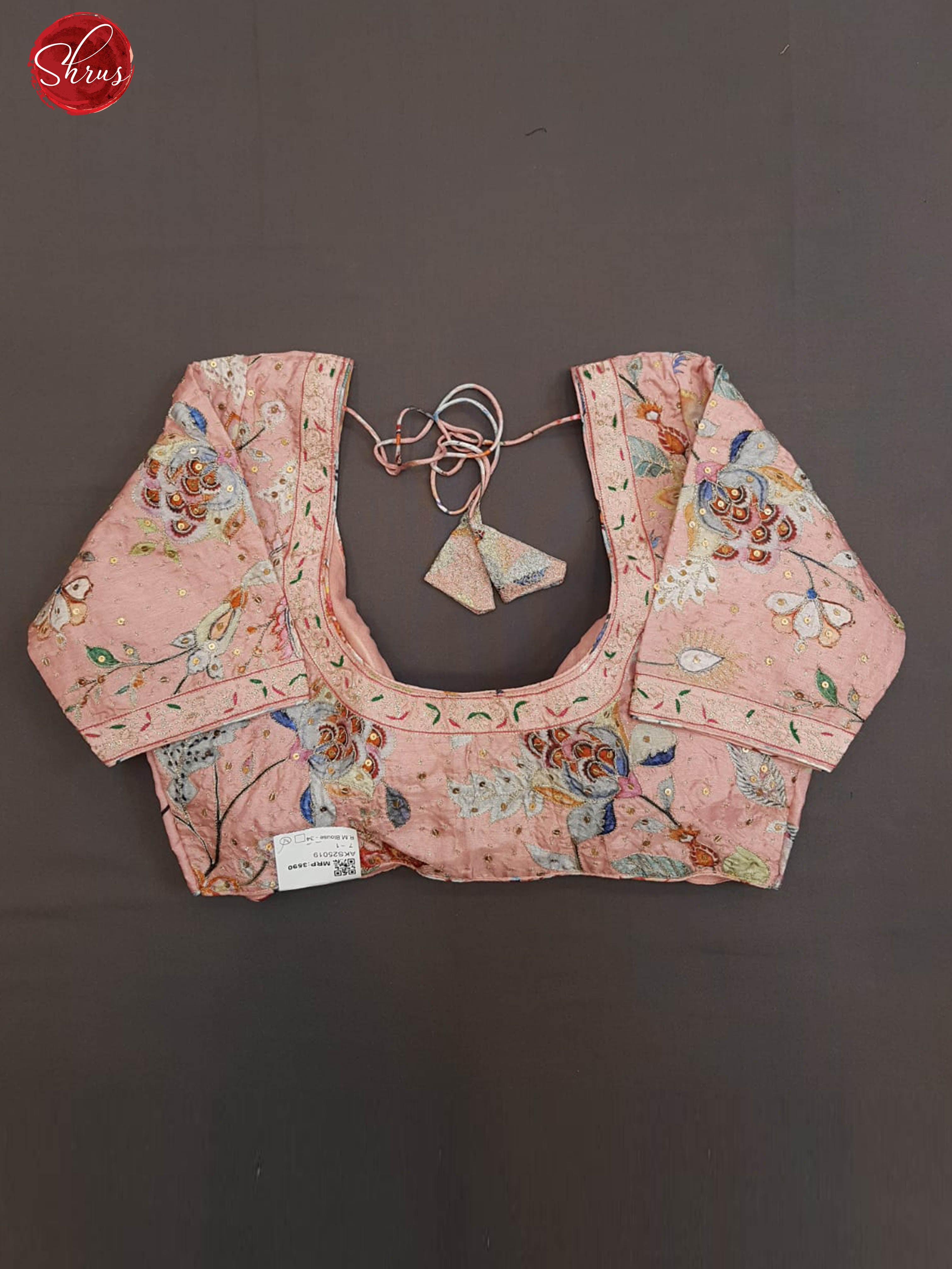 Peach -Readymade embroidered  floral print , Sequence work Blouse with front hook, short  sleeves , U shaped - neckline & Size - 34 - Shop on ShrusEternity.com
