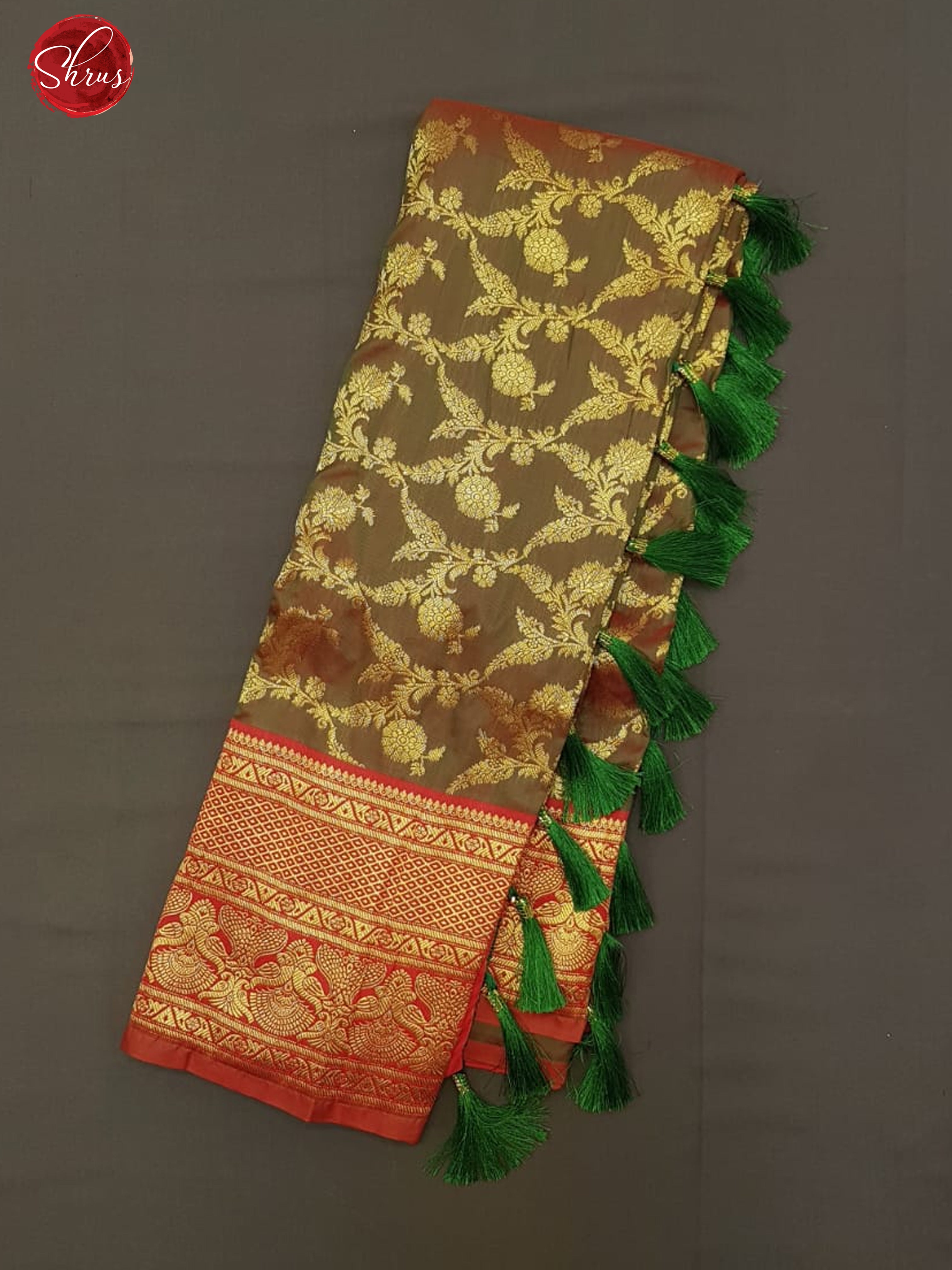 Greenish Brown & Red - Semi Kanchipuram with Zari woven  floral nestling  brocade   on the body &   Zari Border - Shop on ShrusEternity.com