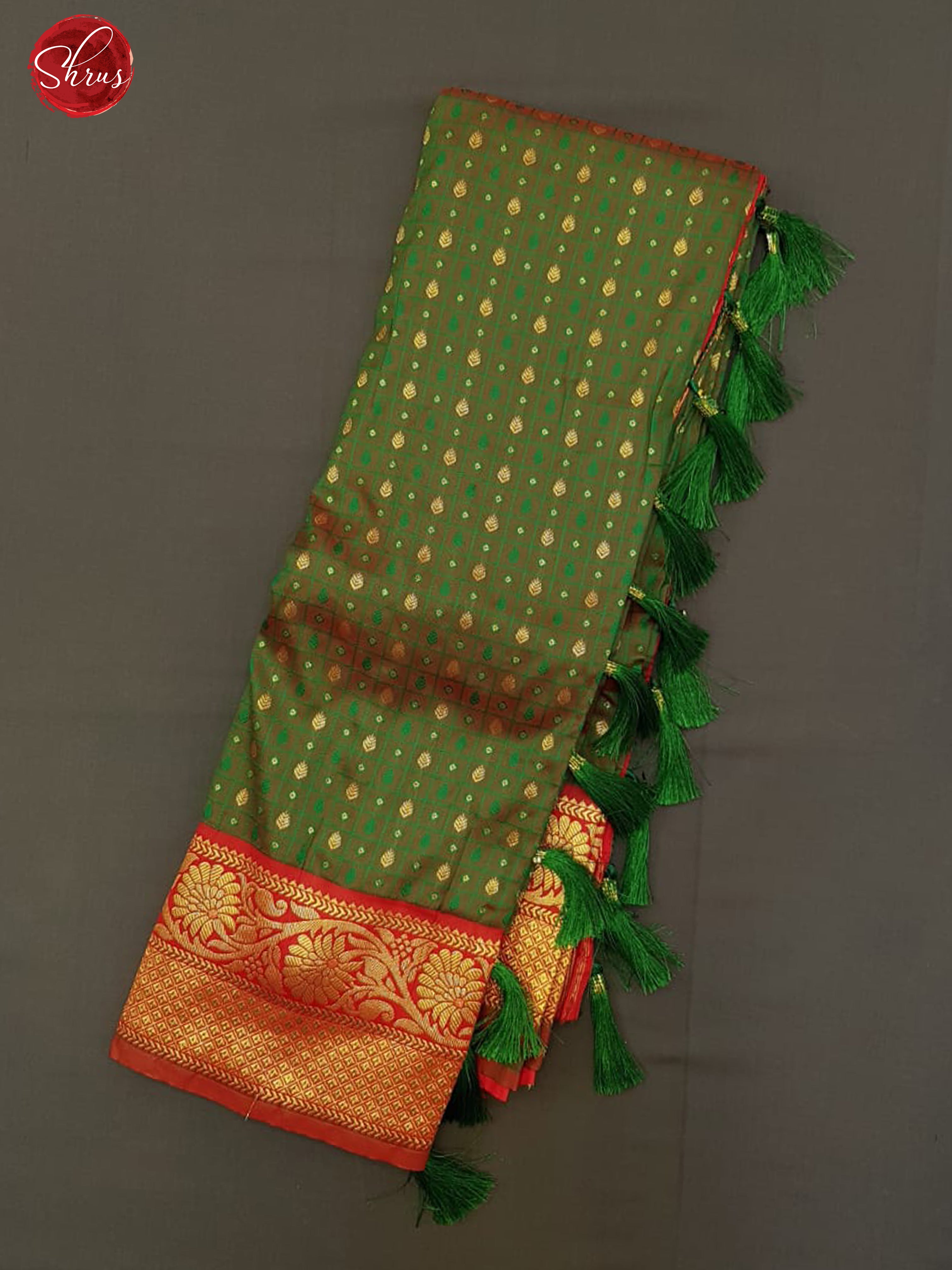 Green  & Brick - Semi Kanchipuram with Zari woven buttas  on the body &   Zari Border - Shop on ShrusEternity.com