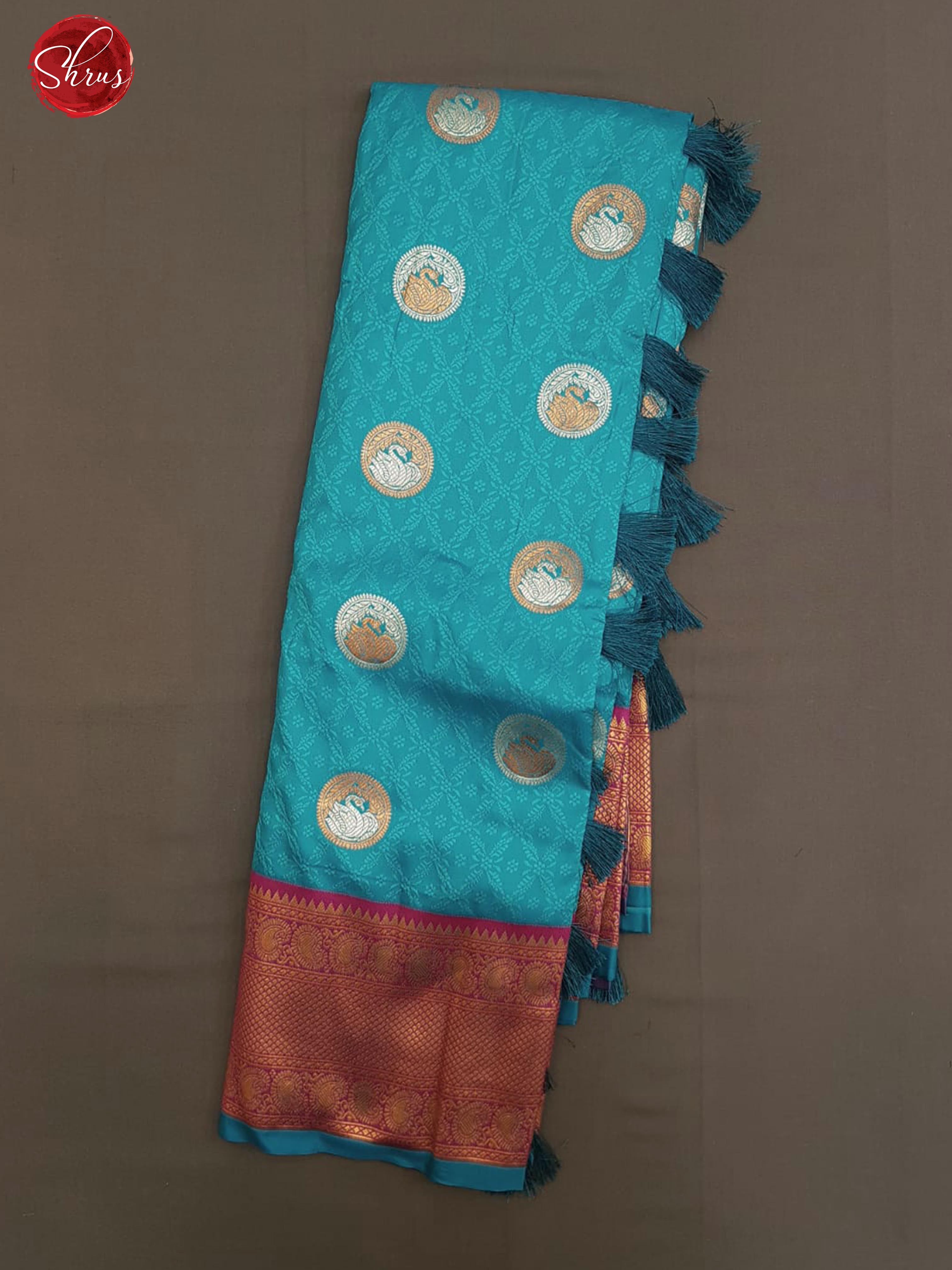 Blue & Pink- Semi Kanchipuram Silk with gold, silver zari woven swan motifs, self jacquard on the body & Contrast zari border - Shop on ShrusEternity.com