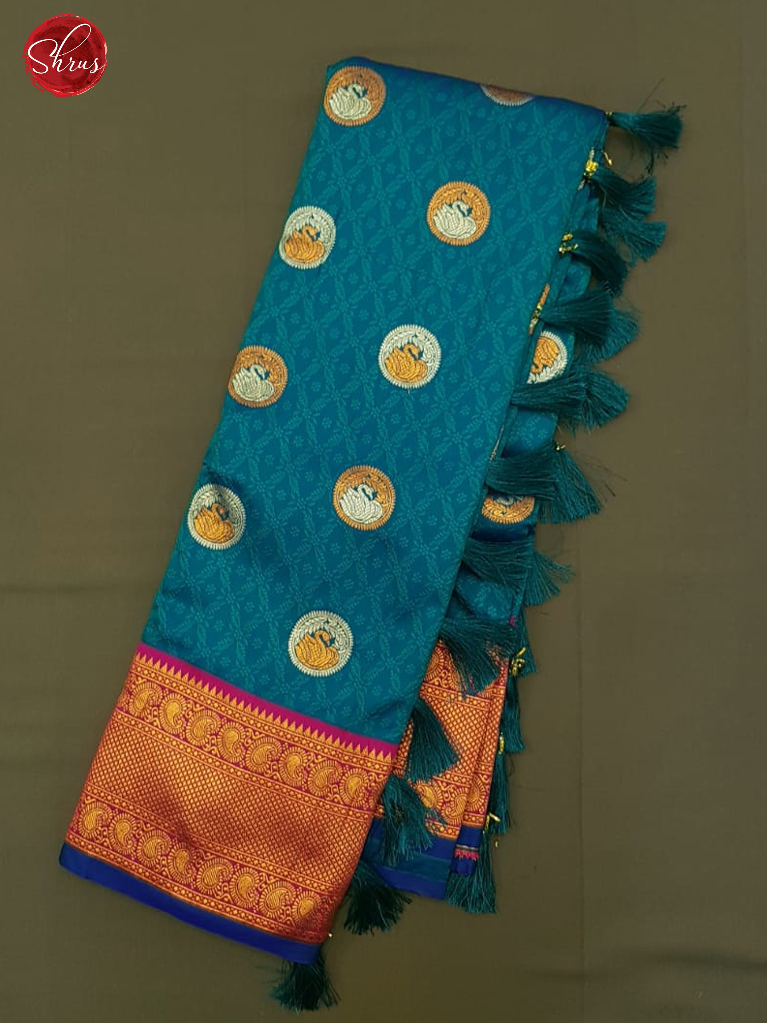 Blue & Pink -Semi Kanchipuram with Zari woven  swan motifs , self jacquard   on the body &   Zari Border - Shop on ShrusEternity.com