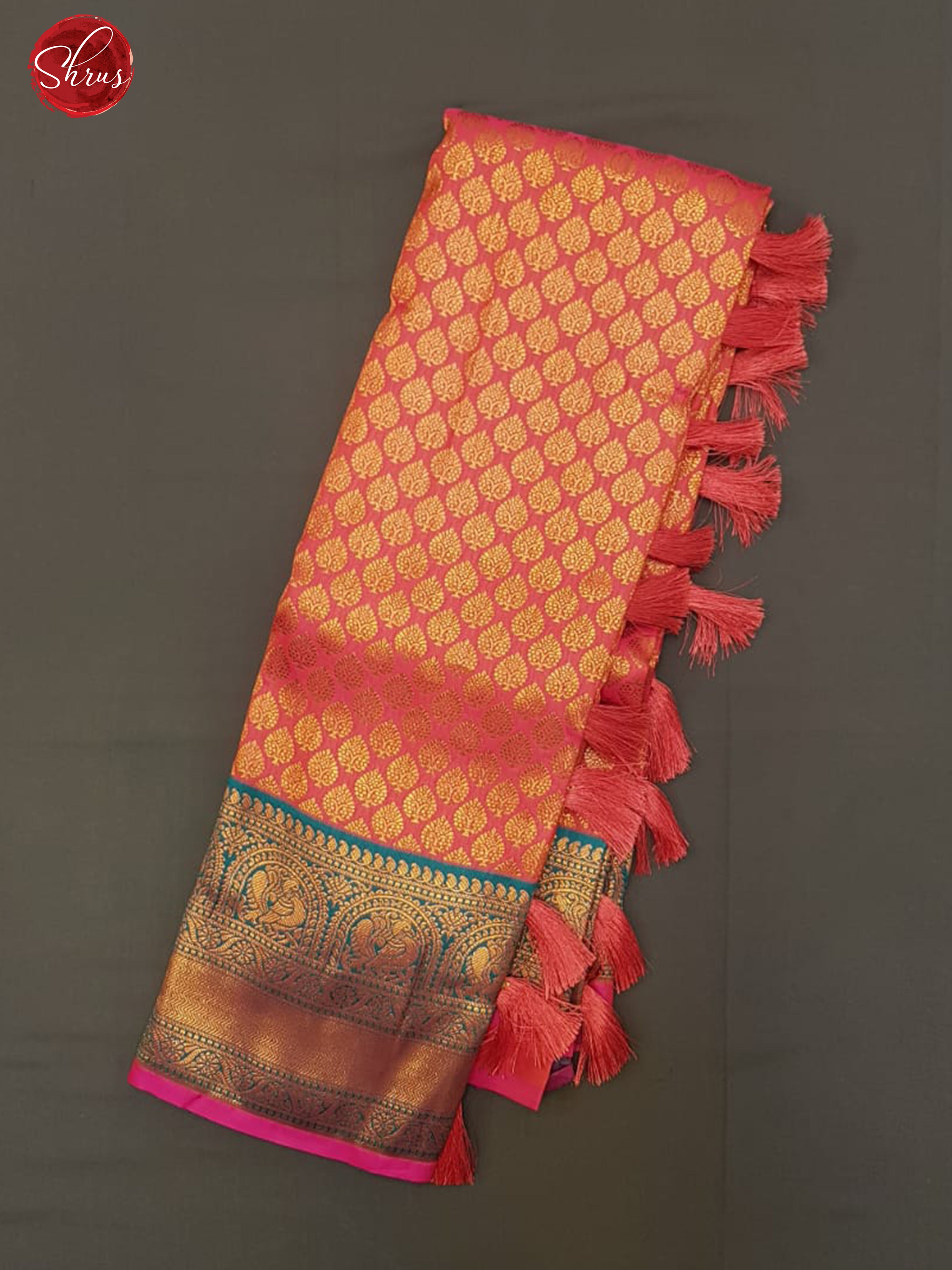 Salmon Pink & Violet -Semi Kanchipuram with Zari woven floral  brocade on the body &   Zari Border - Shop on ShrusEternity.com