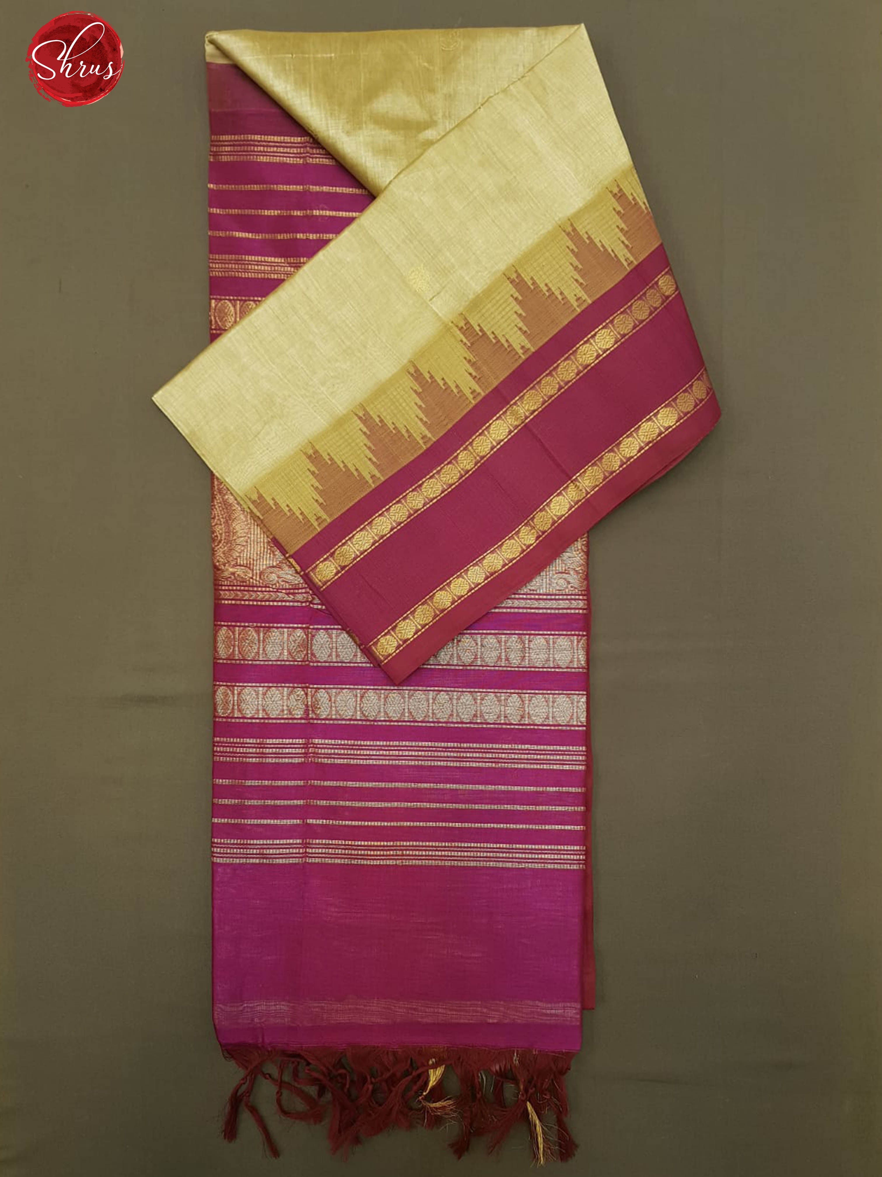 Beige & Pink-  Silk Cotton with plain body & Contrast temple  Border - Shop on ShrusEternity.com