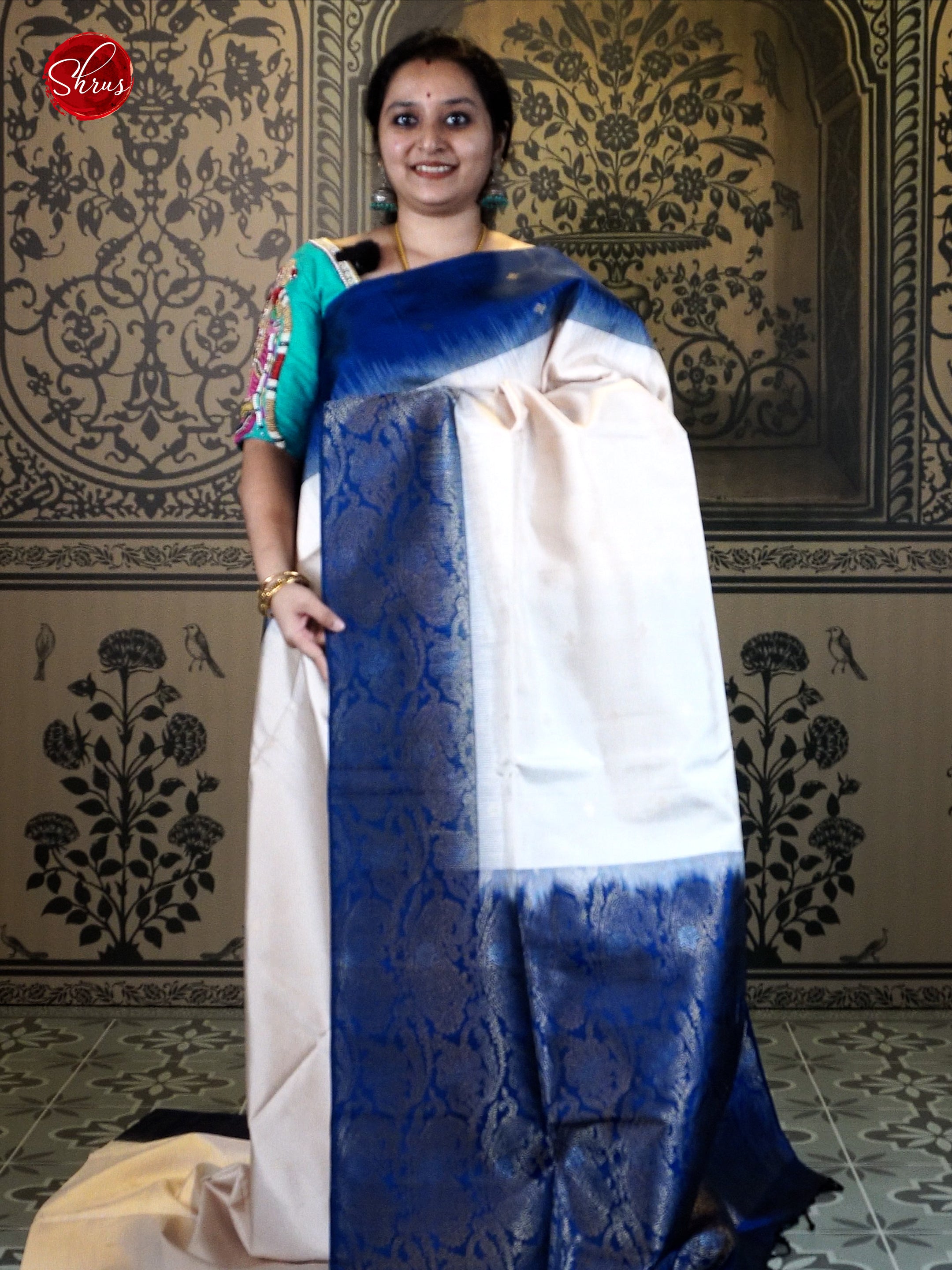 Cream & Blue- Soft Silk with zari woven buttas on the body & Contrast zari border - Shop on ShrusEternity.com