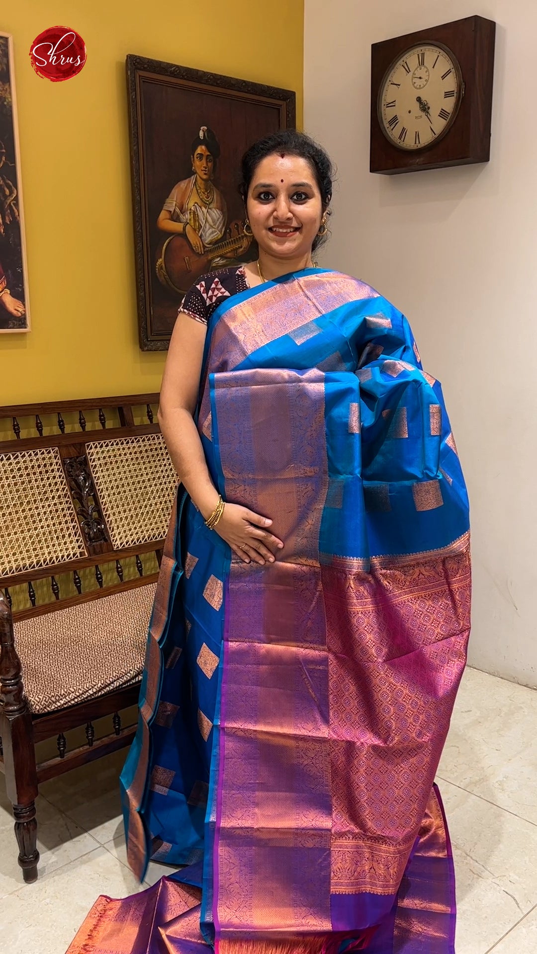 Blue & Purple -  Kanchipuram Silk with Gold Zari woven block motifs on the body &  Contrast zari border - Shop on ShrusEternity.com