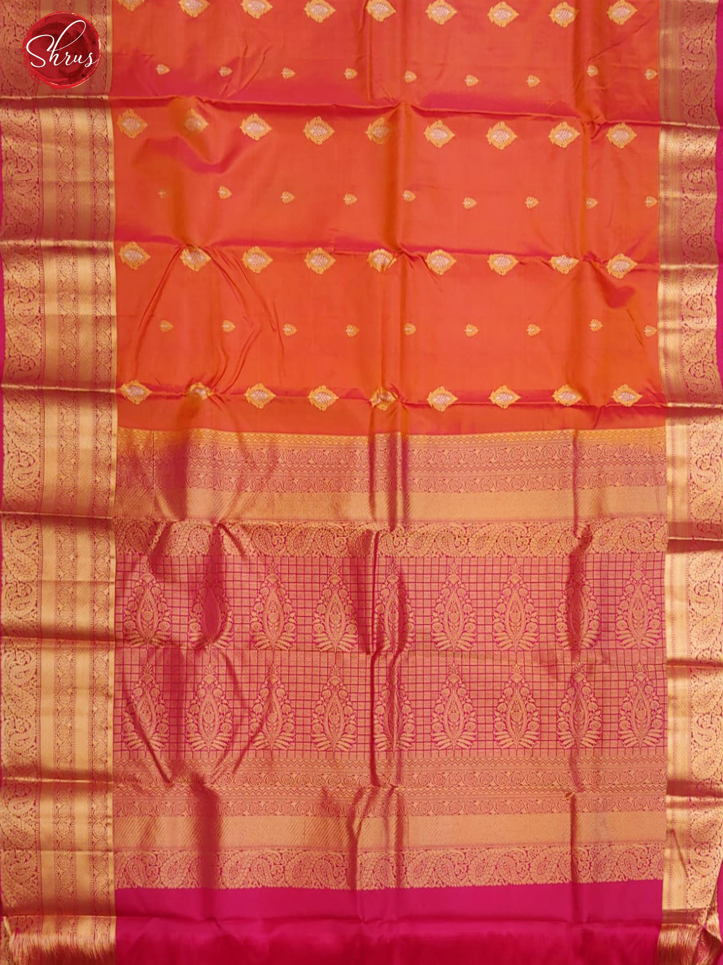 Orangish Pink & Pink -Kanchipuram Silk with Zari woven floral buttas , motifs on the Body & Gold Zari Border - Shop on ShrusEternity.com