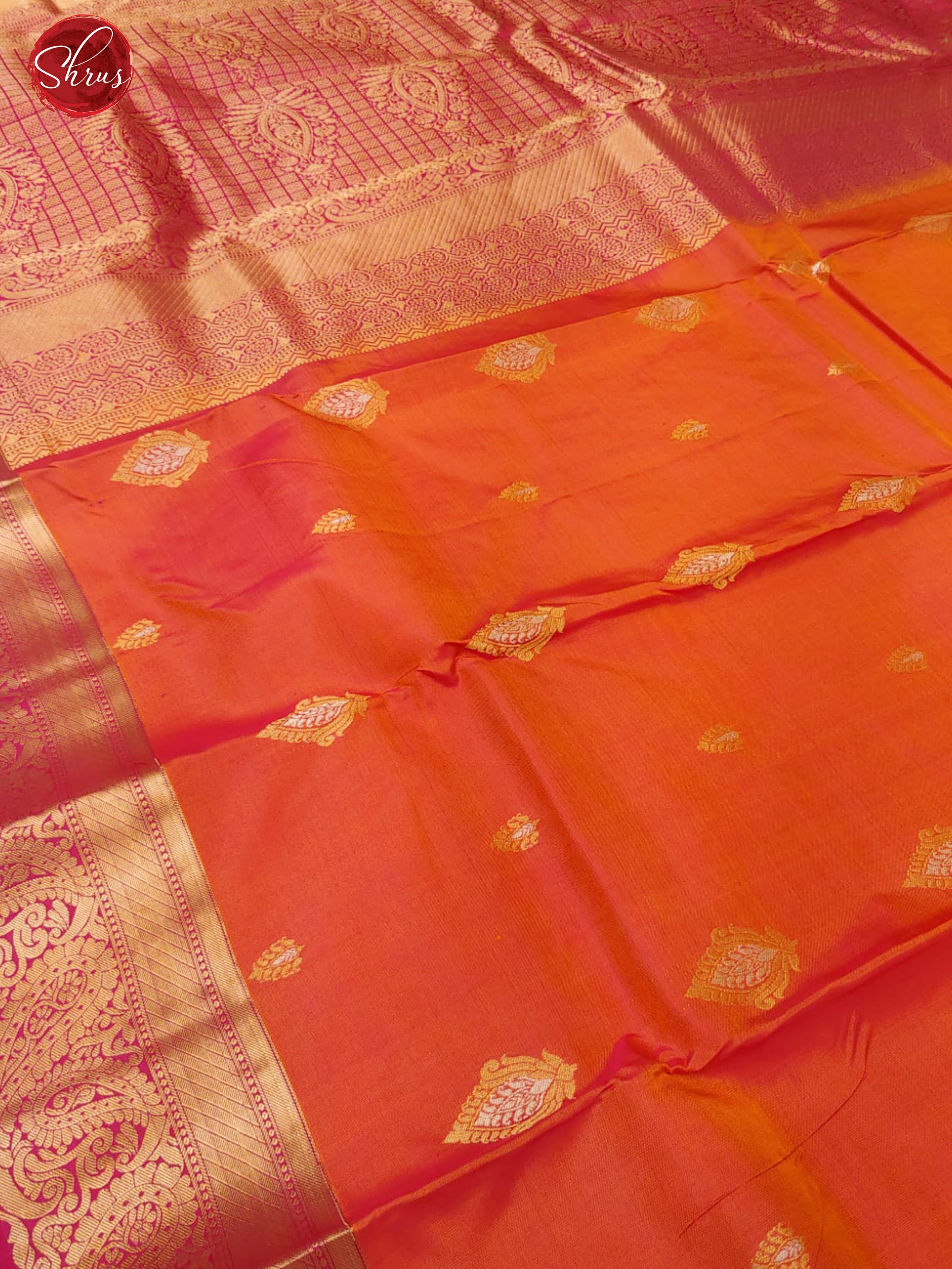 Orangish Pink & Pink -Kanchipuram Silk with Zari woven floral buttas , motifs on the Body & Gold Zari Border - Shop on ShrusEternity.com