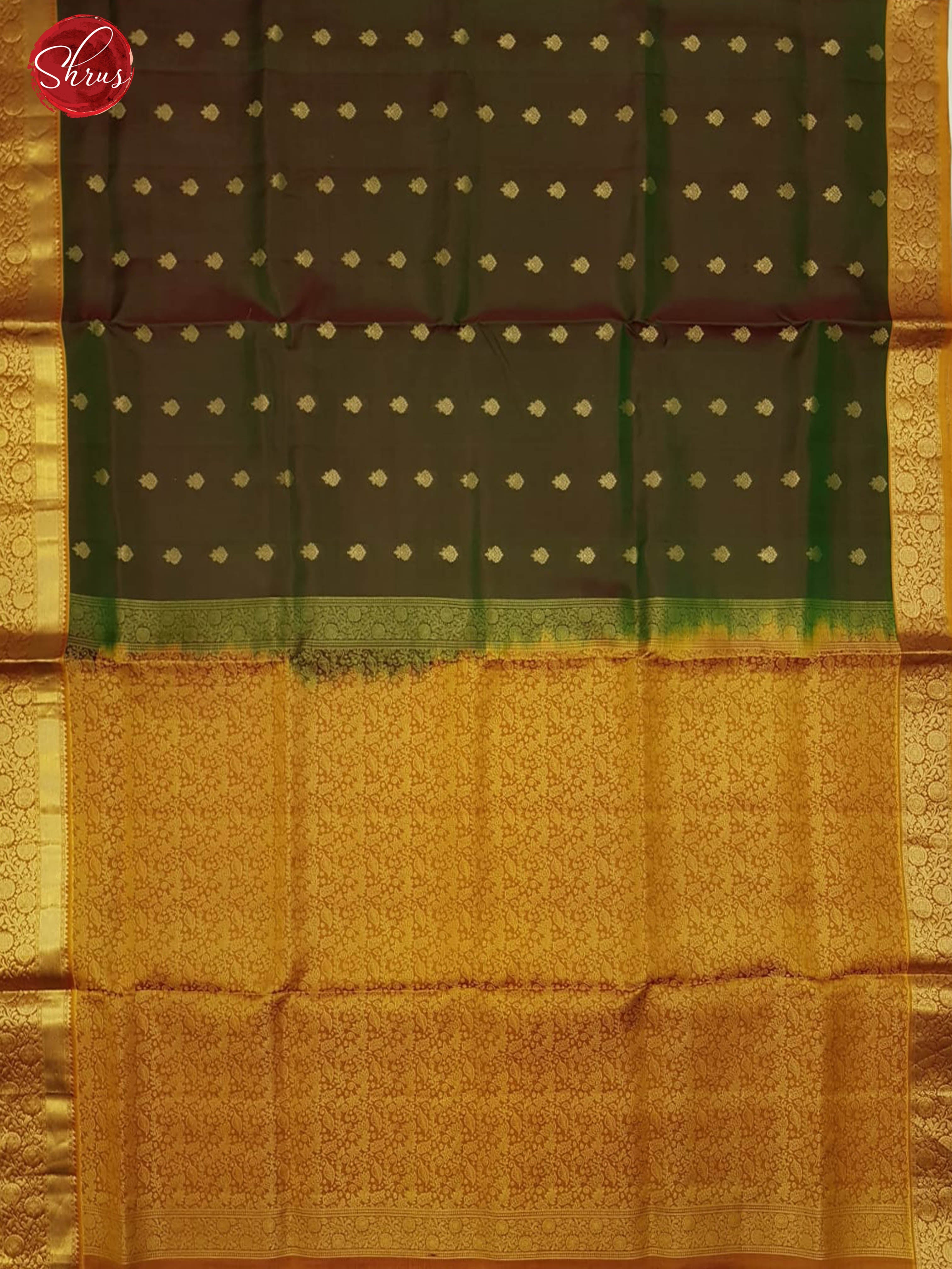 Double shaded Greenish brown & Mustard-Kanchipuram Silk with zari buttas on the body & Zari Border - Shop on ShrusEternity.com