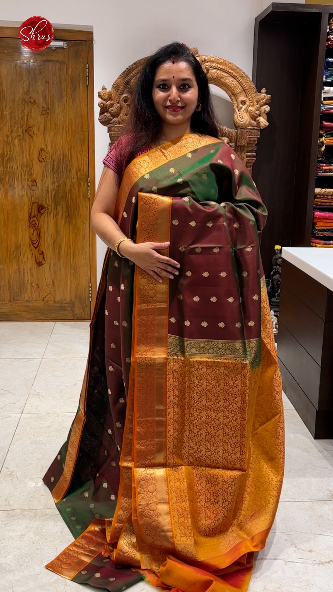 Double shaded Greenish brown & Mustard-Kanchipuram Silk with zari buttas on the body & Zari Border - Shop on ShrusEternity.com