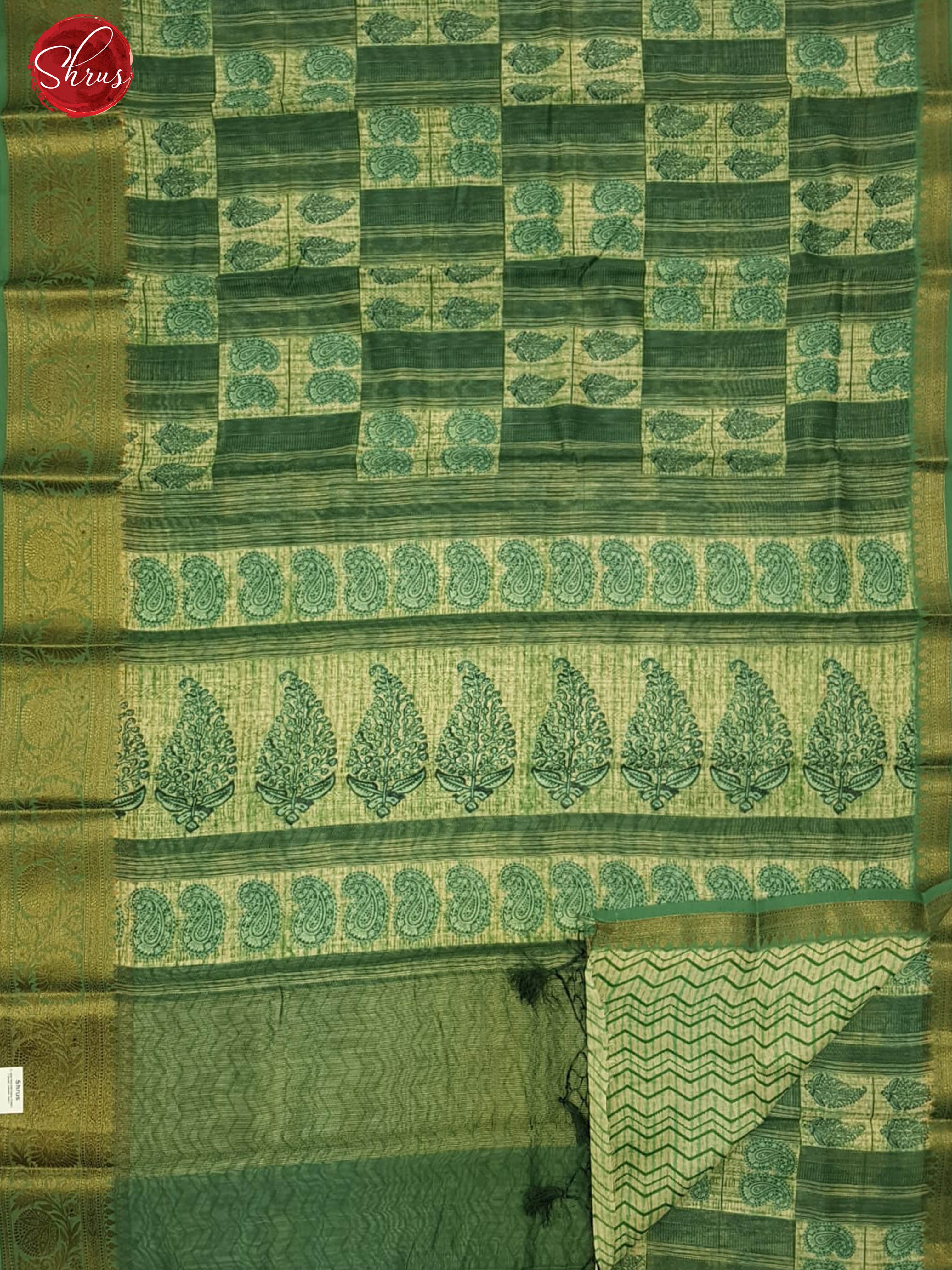 Green(Single Tone)- Semi Chanderi with   Paisleys print on the body &  Border - Shop on ShrusEternity.com
