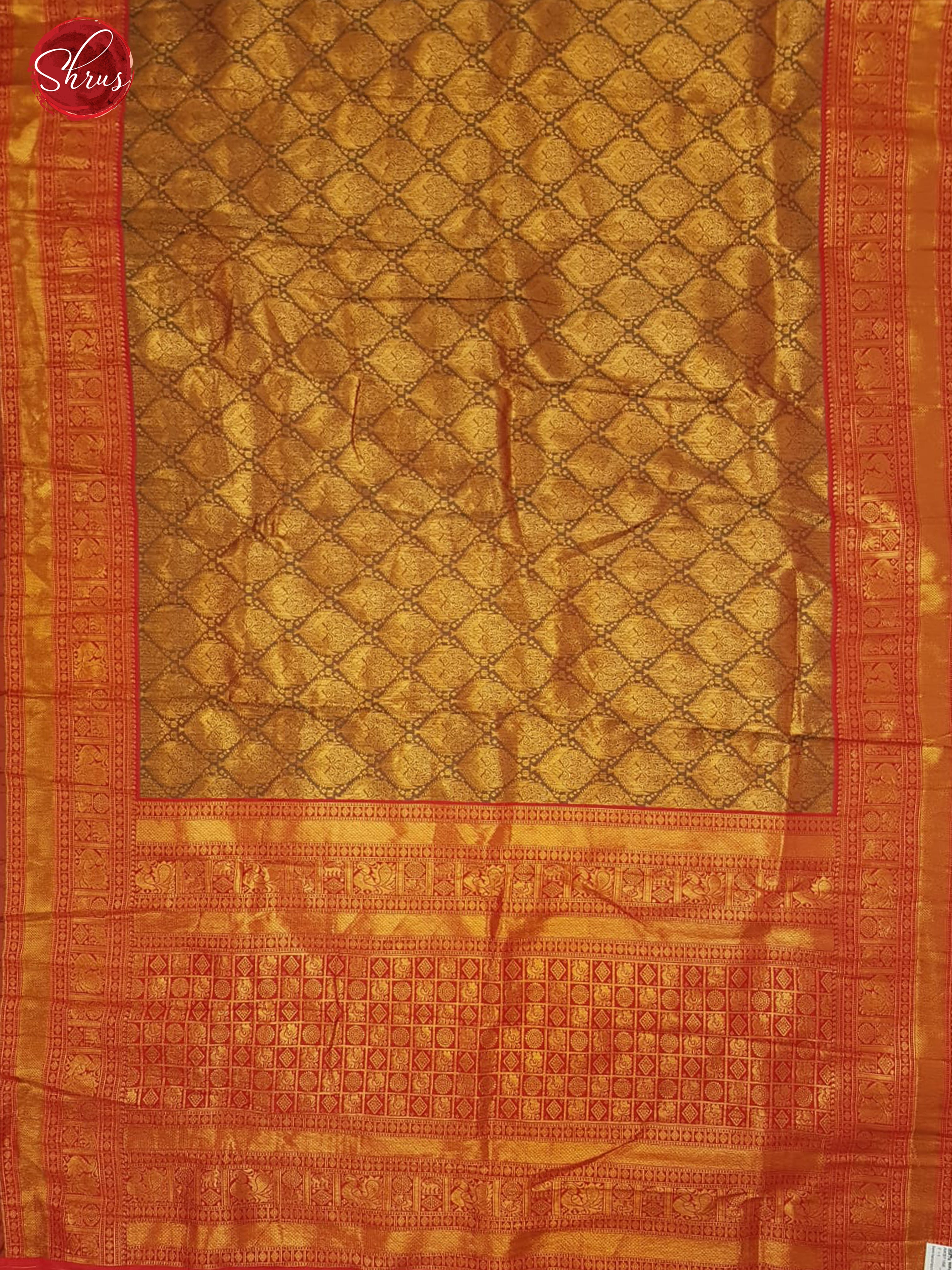 Greenish Brown & Red - Semi Kanchipuram Silk  with Zari woven   brocade   on the body &   Zari Border - Shop on ShrusEternity.com