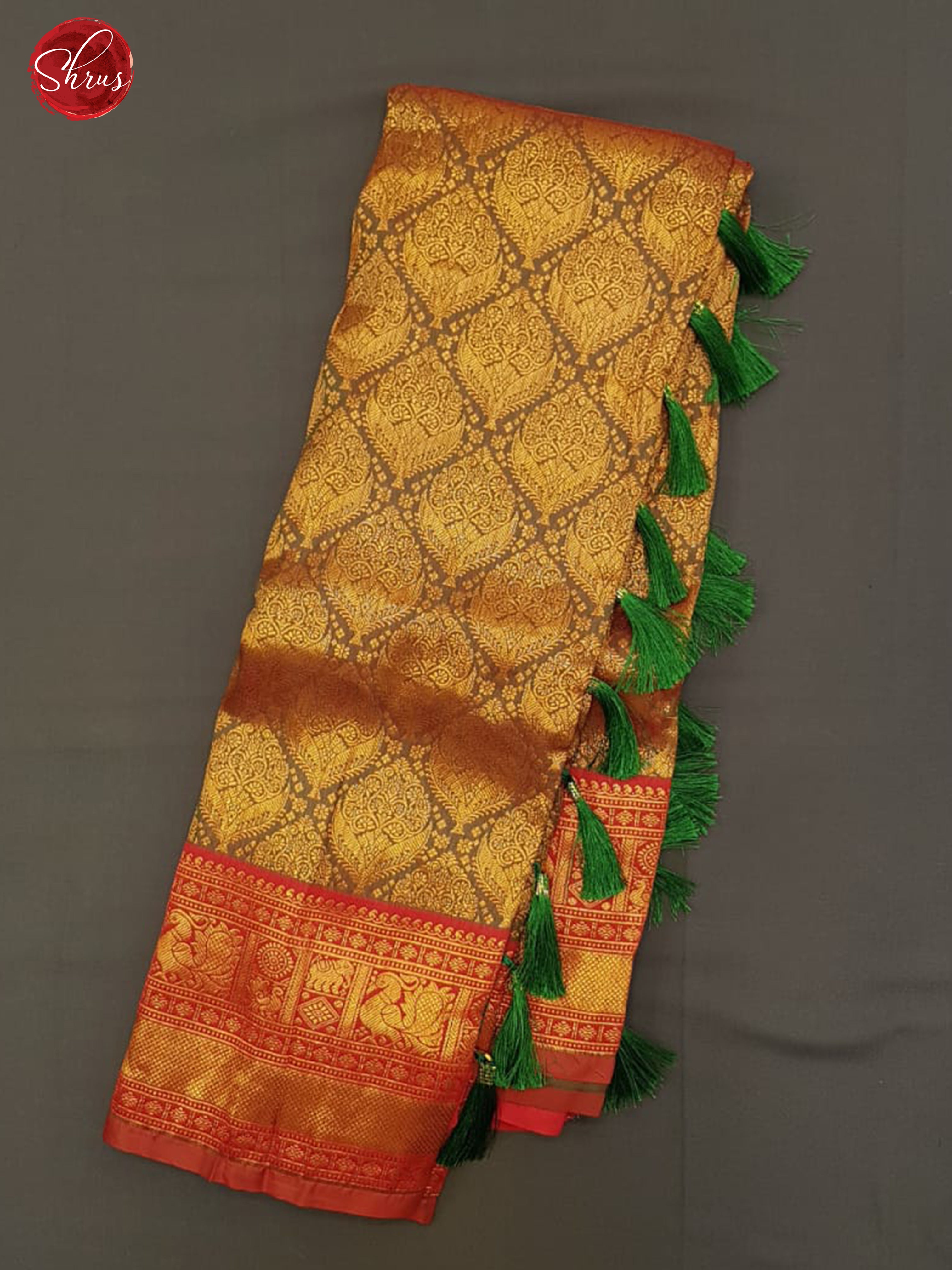 Greenish Brown & Red - Semi Kanchipuram Silk  with Zari woven   brocade   on the body &   Zari Border - Shop on ShrusEternity.com