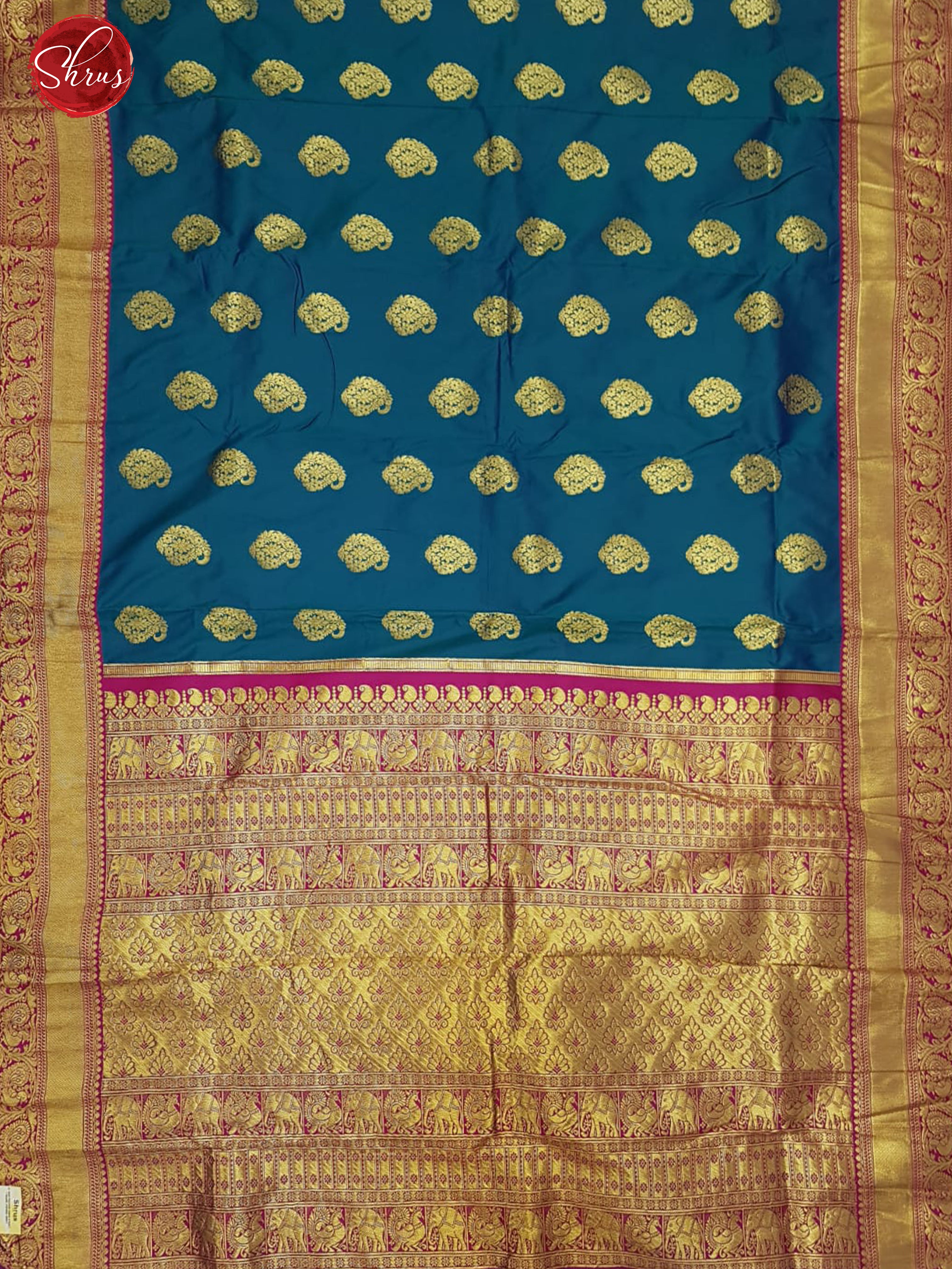 Blue & Pink -Semi Kanchipuram with Zari woven manga motifs  on the body & Contrast Zari Border - Shop on ShrusEternity.com