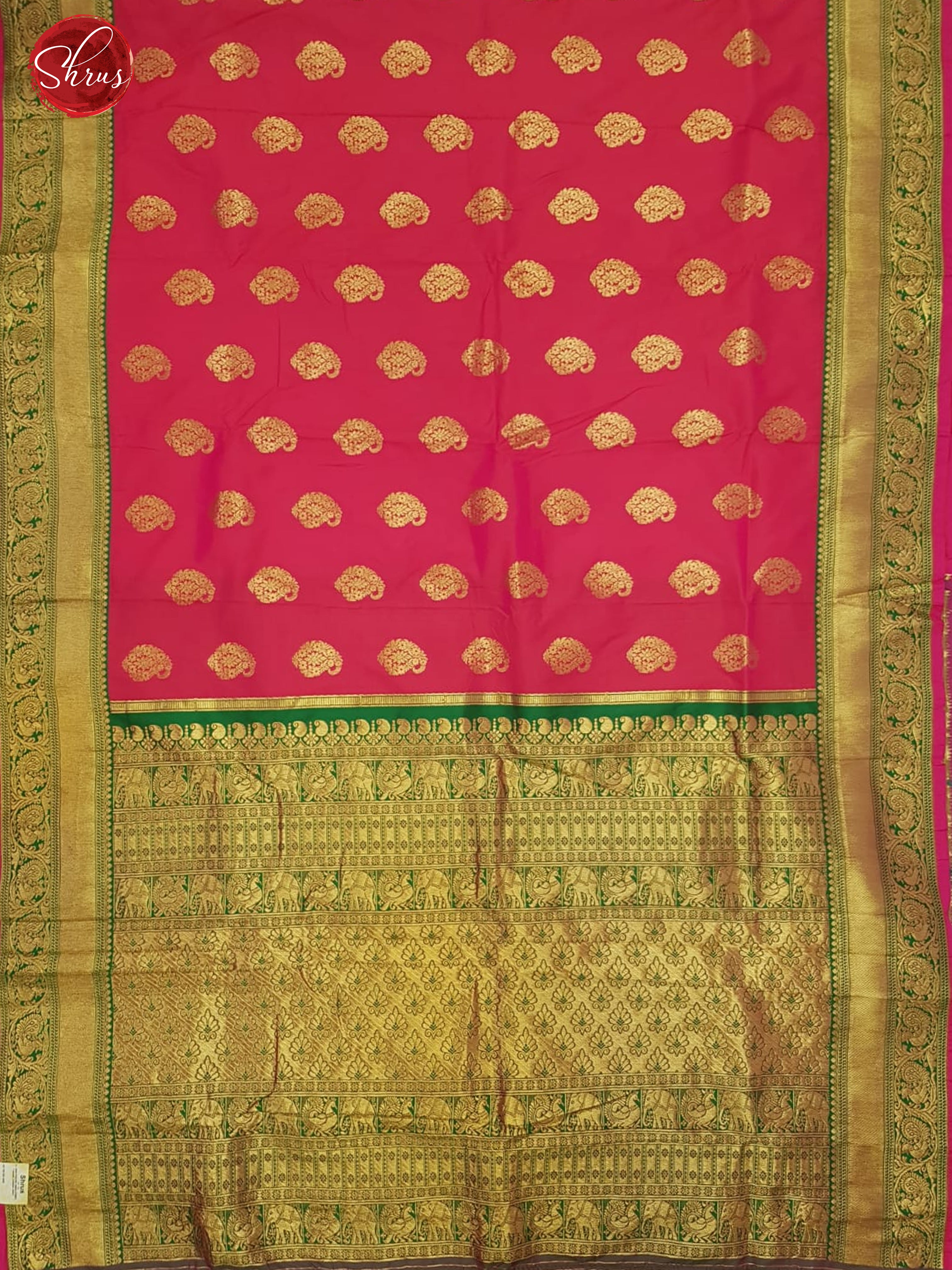 Rani Pink & Green - Semi Kanchipuram with Zari woven  paisleys motifs  on the body &   Zari Border - Shop on ShrusEternity.com